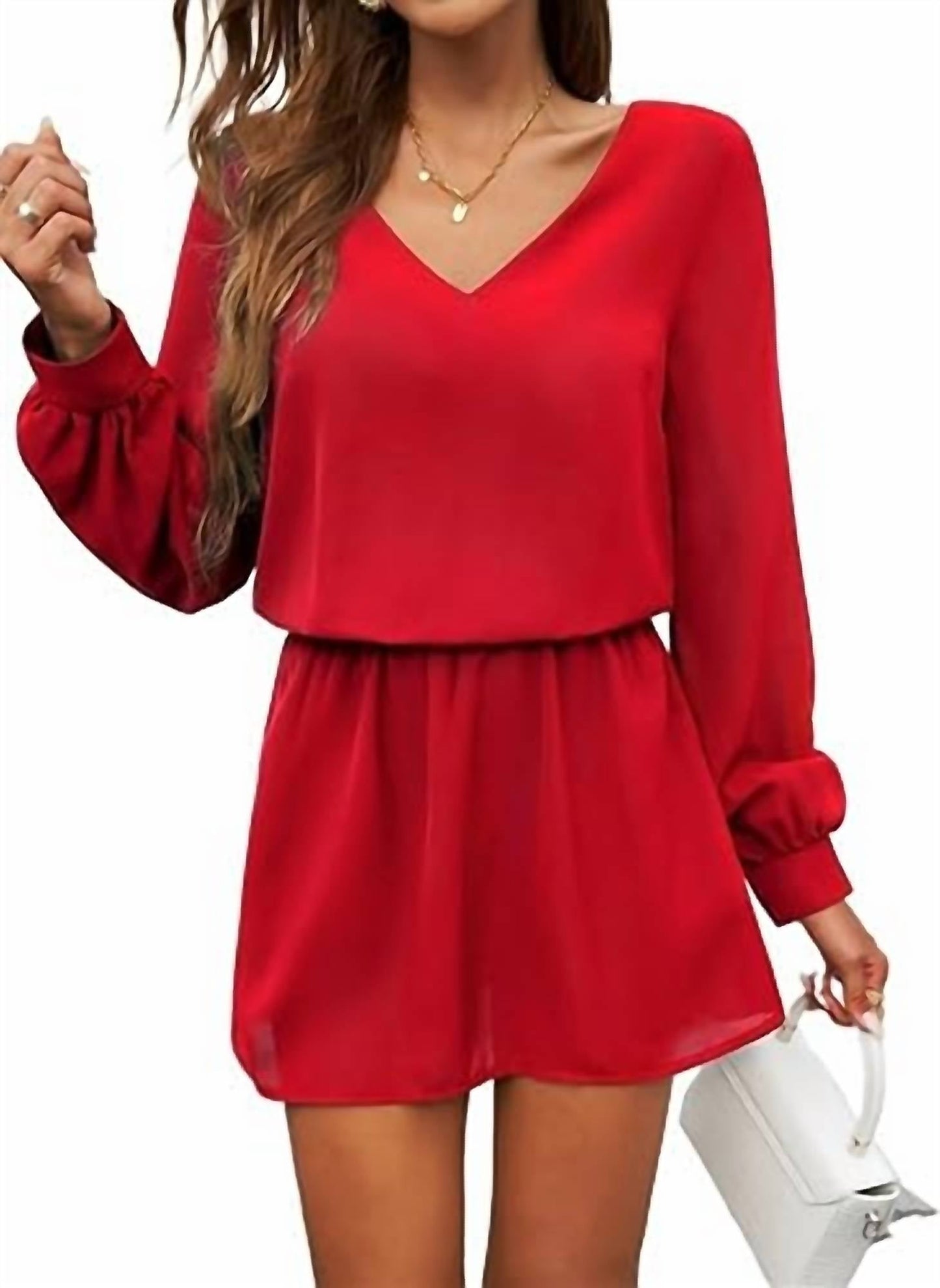 Supreme Fashion - Solid V-neck Elastic Waist Mini Dress