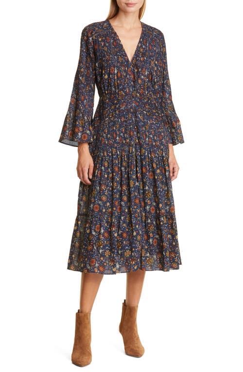 Veronica Beard Shireen Pleated Floral Long Sleeve Midi Dress in Ink Multi, Size 4