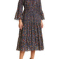 Veronica Beard Shireen Pleated Floral Long Sleeve Midi Dress in Ink Multi, Size 4