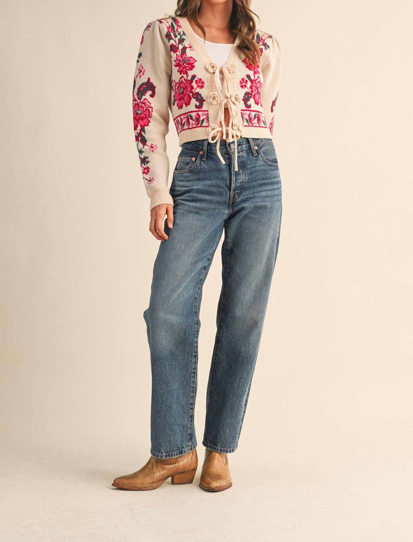 &Merci - Floral Knit Tie-front Sweater Cardigan