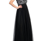 Aidan Mattox - Floral Open Back Embroidered Bodice Ruched Mesh Dress