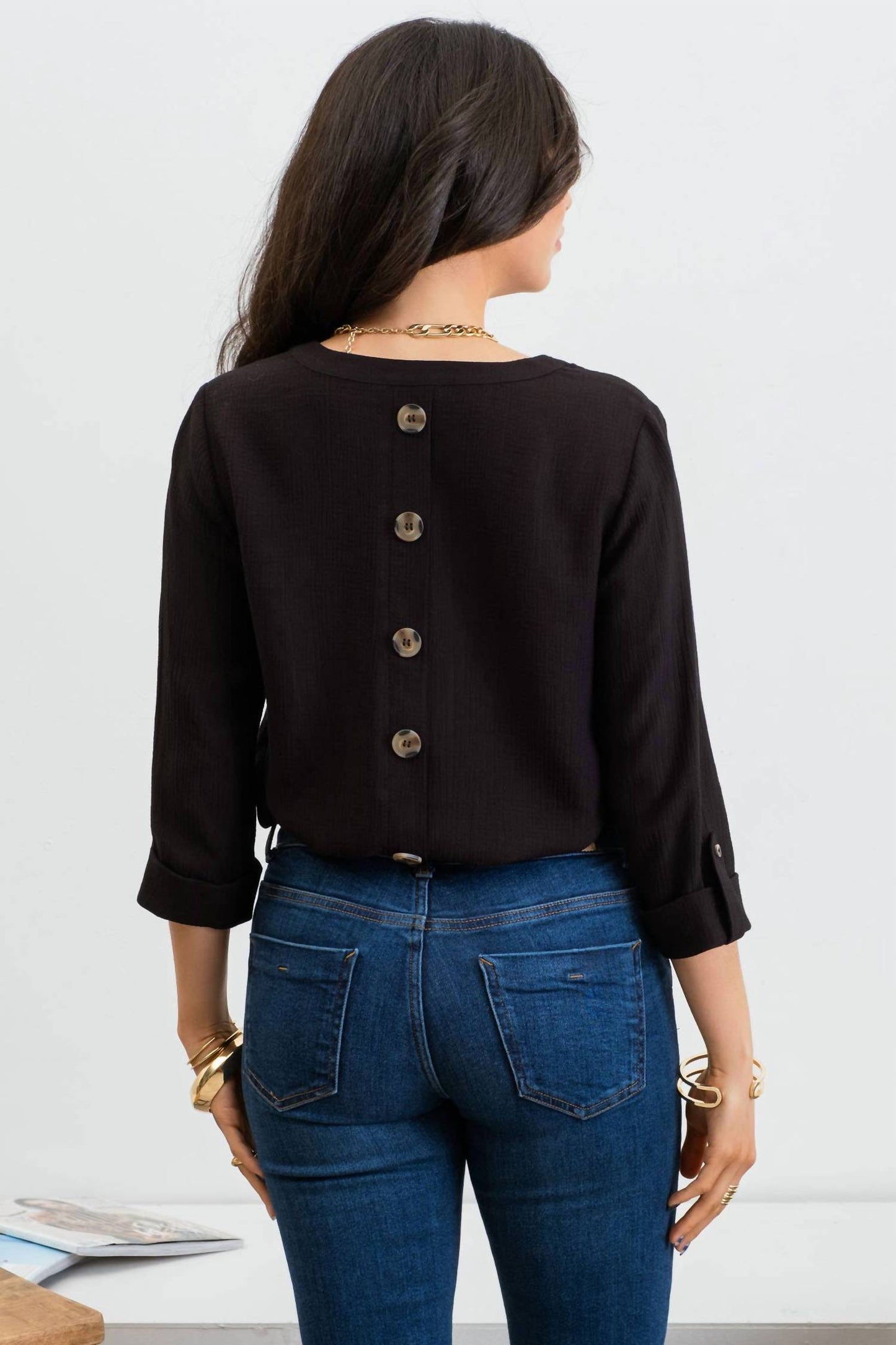 Blu Pepper - Split Neck Back Button Three Quarter Tab Sleeve Top