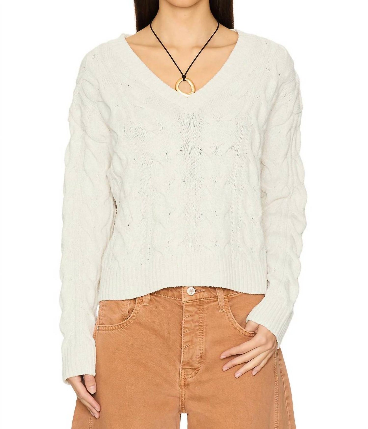 Free People - Washed Cable V Neck Sweater