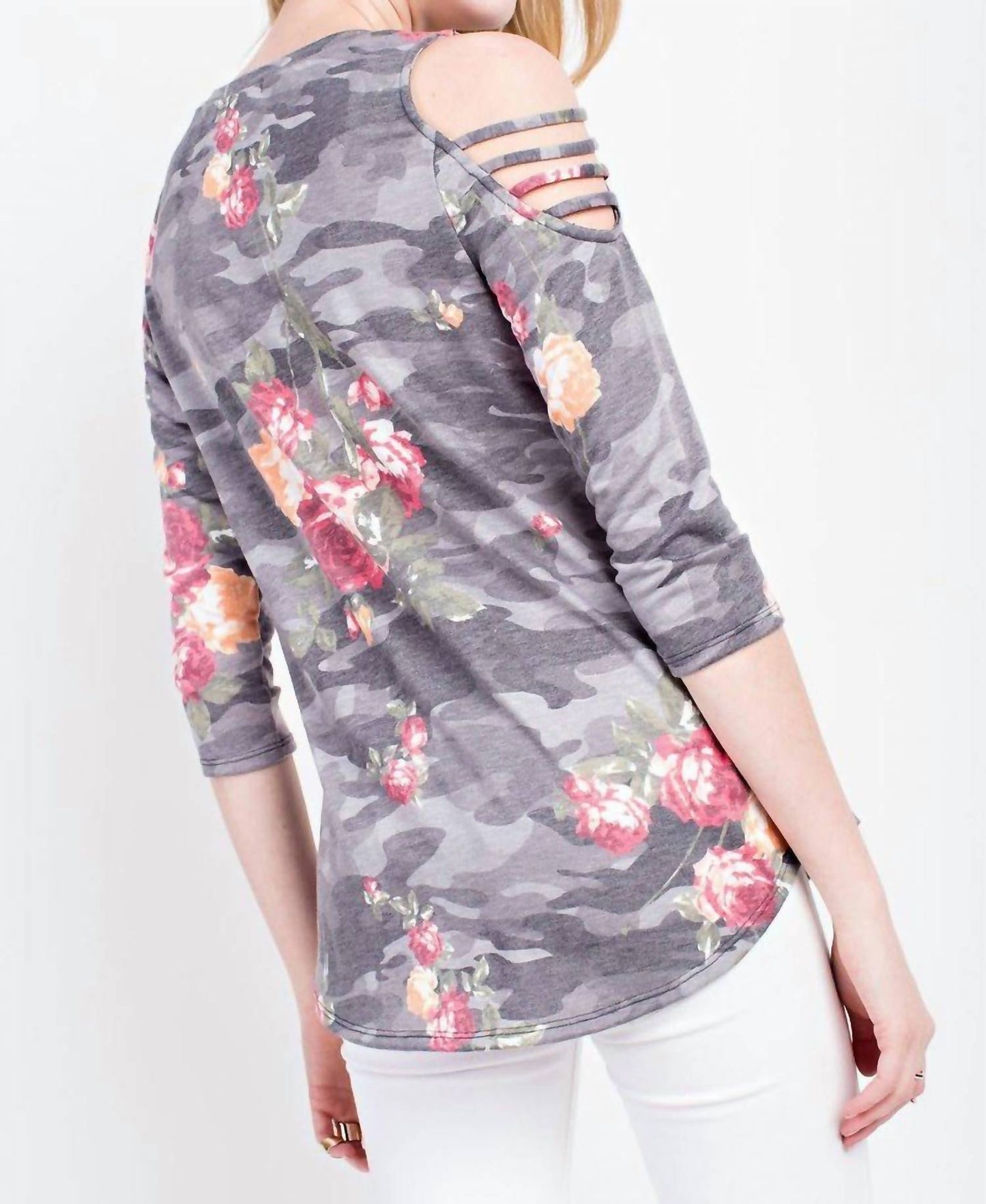12Pm By Mon Ami - Floral Cold Shoulder 3/4 Sleeve Top