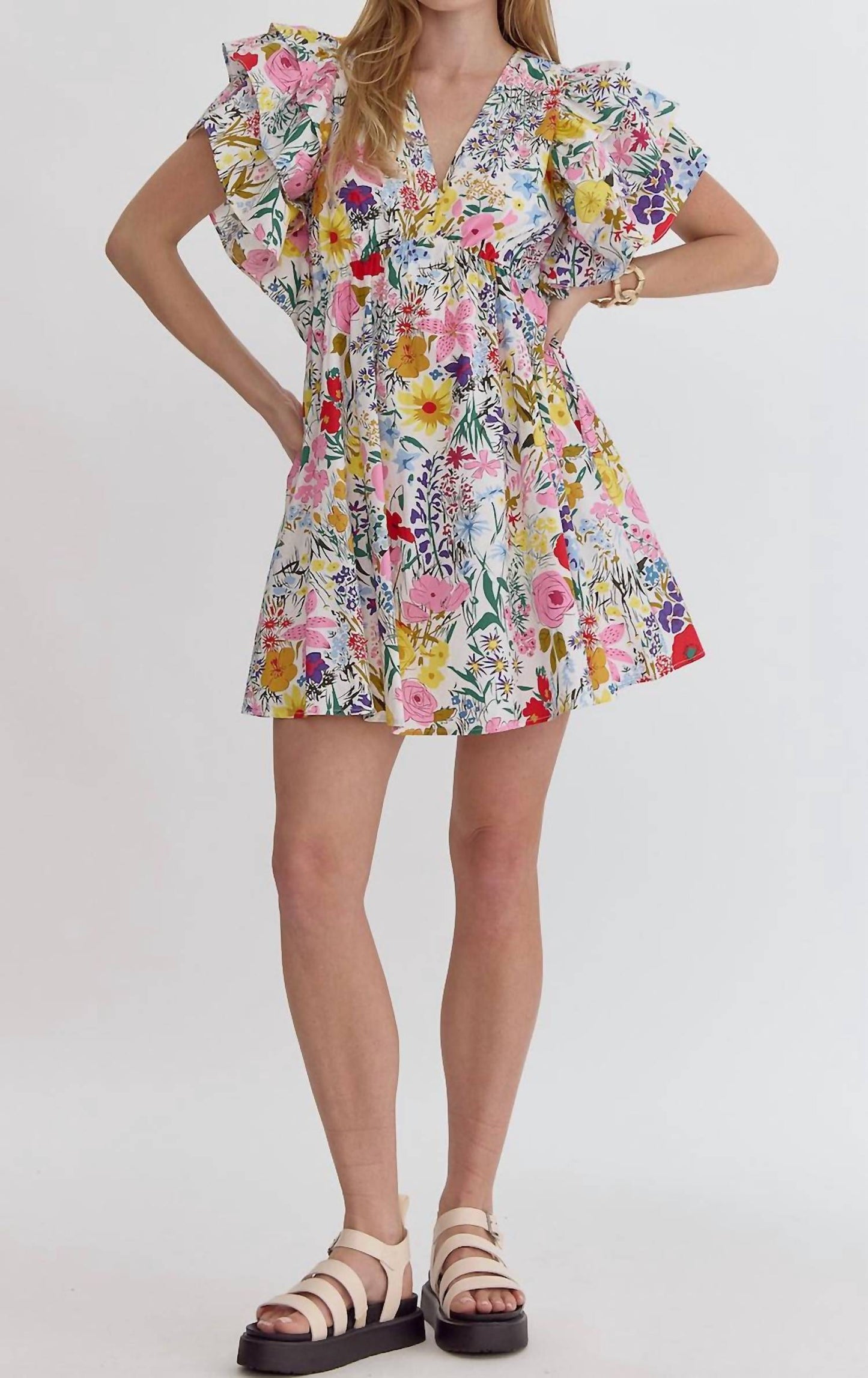 Entro - Colorful Floral Short Ruffle Dress