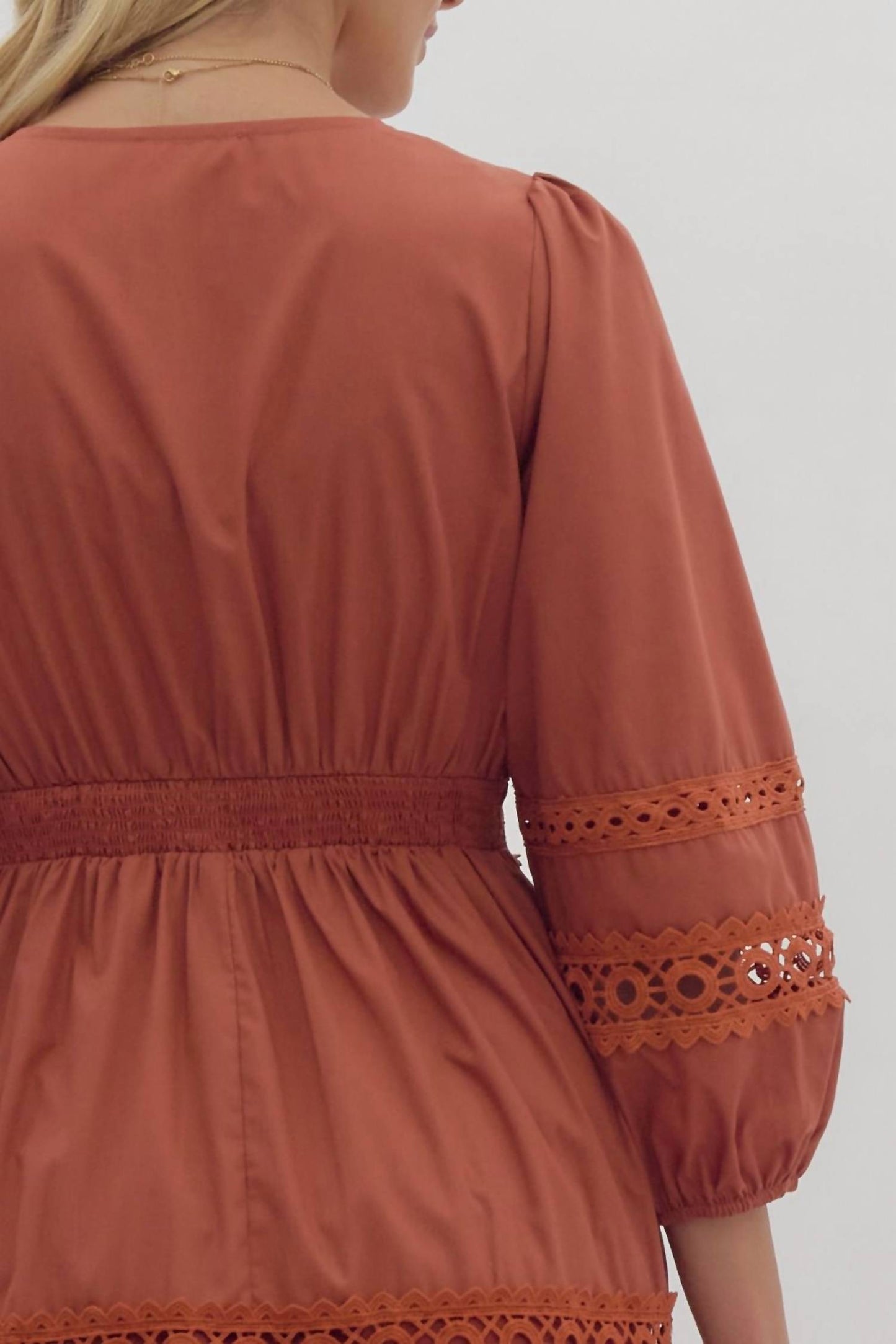 Entro - Rust Lace Inset Smocked Waist Short Dress