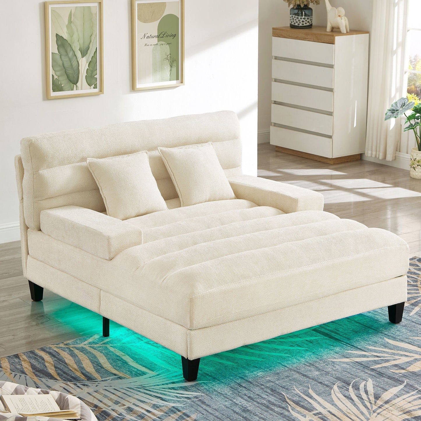 Chaise Bed Lounge Sofa Chair with Adjustable Backrest and LED Light Strip