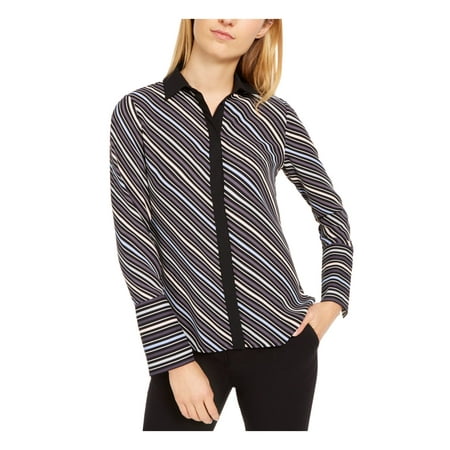 anne-klein-womens-black-striped-long-sleeve-collared-top-size-xs