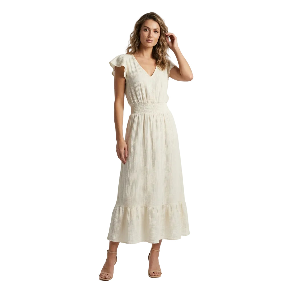 Vince Camuto Women s Gauzy Smocked-Waist Ruffled Dress (M  New Ivory)
