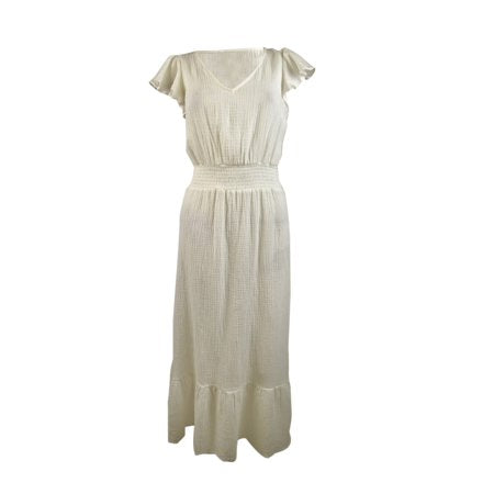 Vince Camuto Women s Gauzy Smocked-Waist Ruffled Dress (M  New Ivory)
