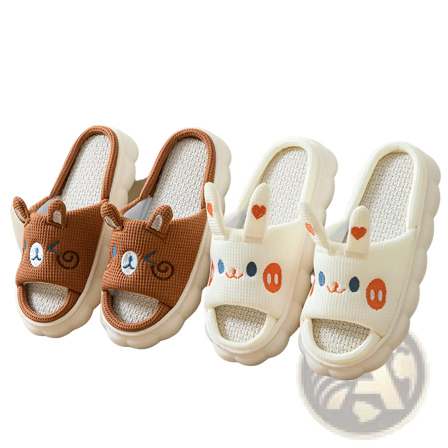 Cartoon Animal Embroidered Open Toe Linen Slippers