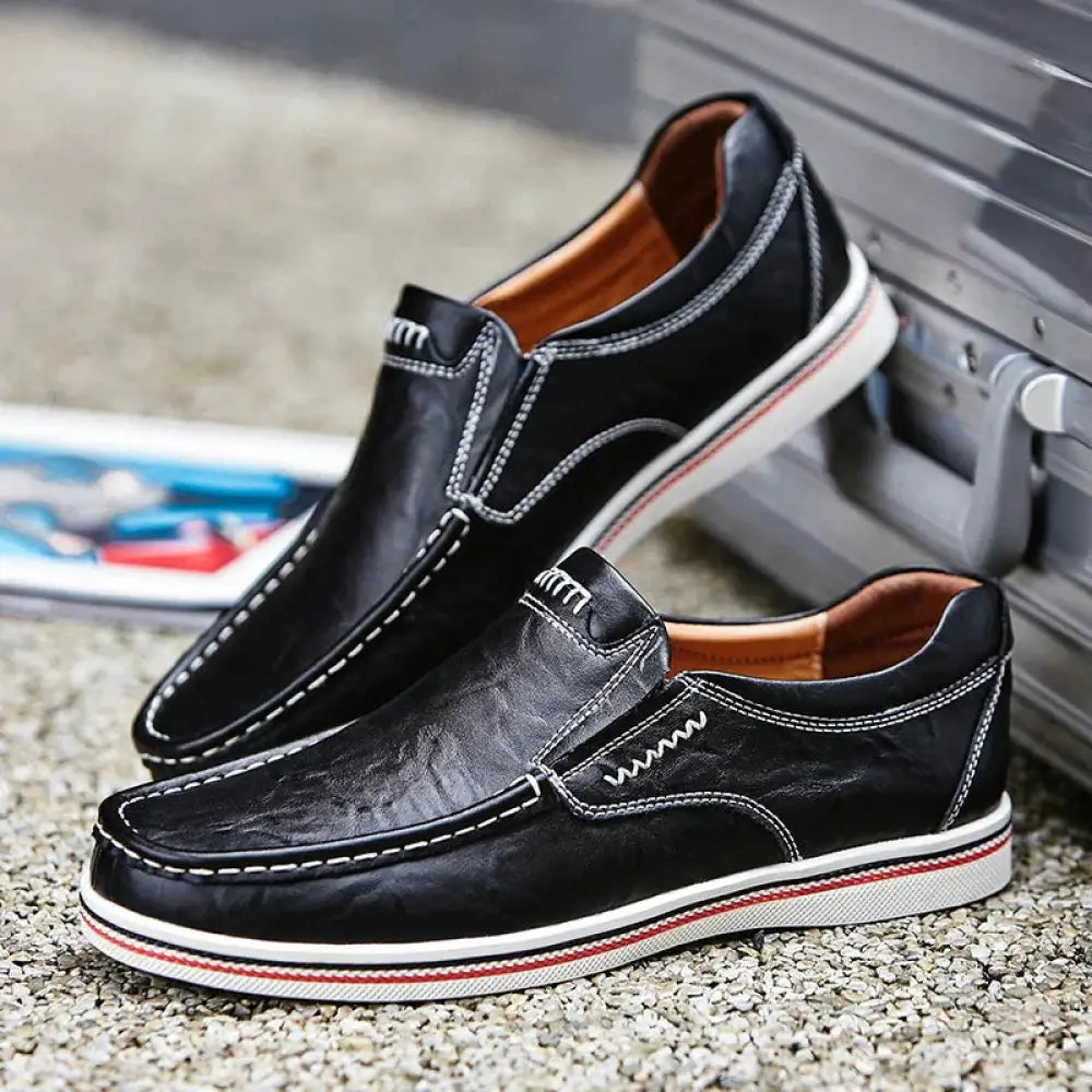 Men's British Leather Striped Sole Slip on Shoes