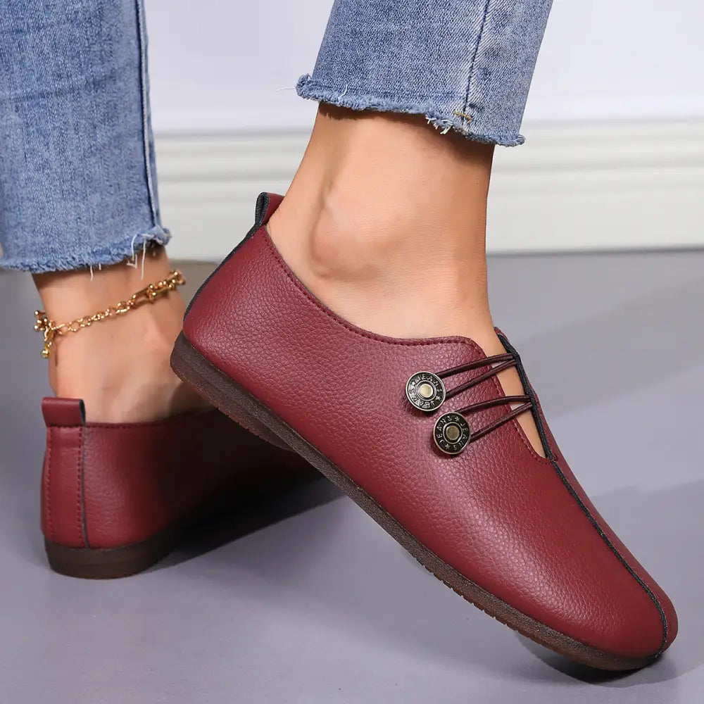 Women's Square Toe Leather Button Loafers