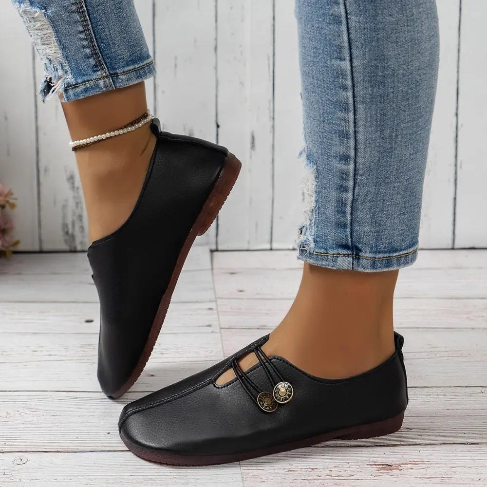 Women's Square Toe Leather Button Loafers