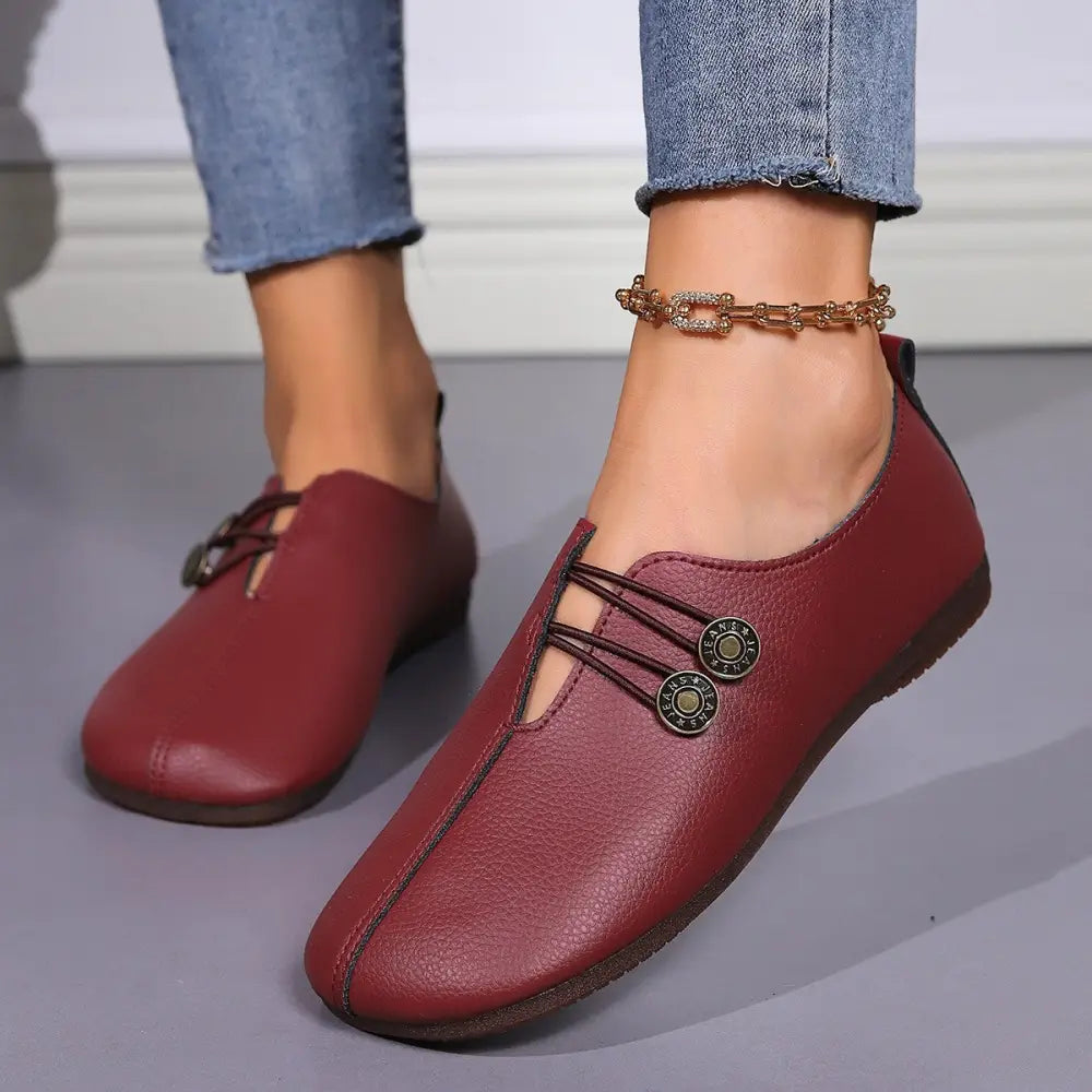 Women's Square Toe Leather Button Loafers
