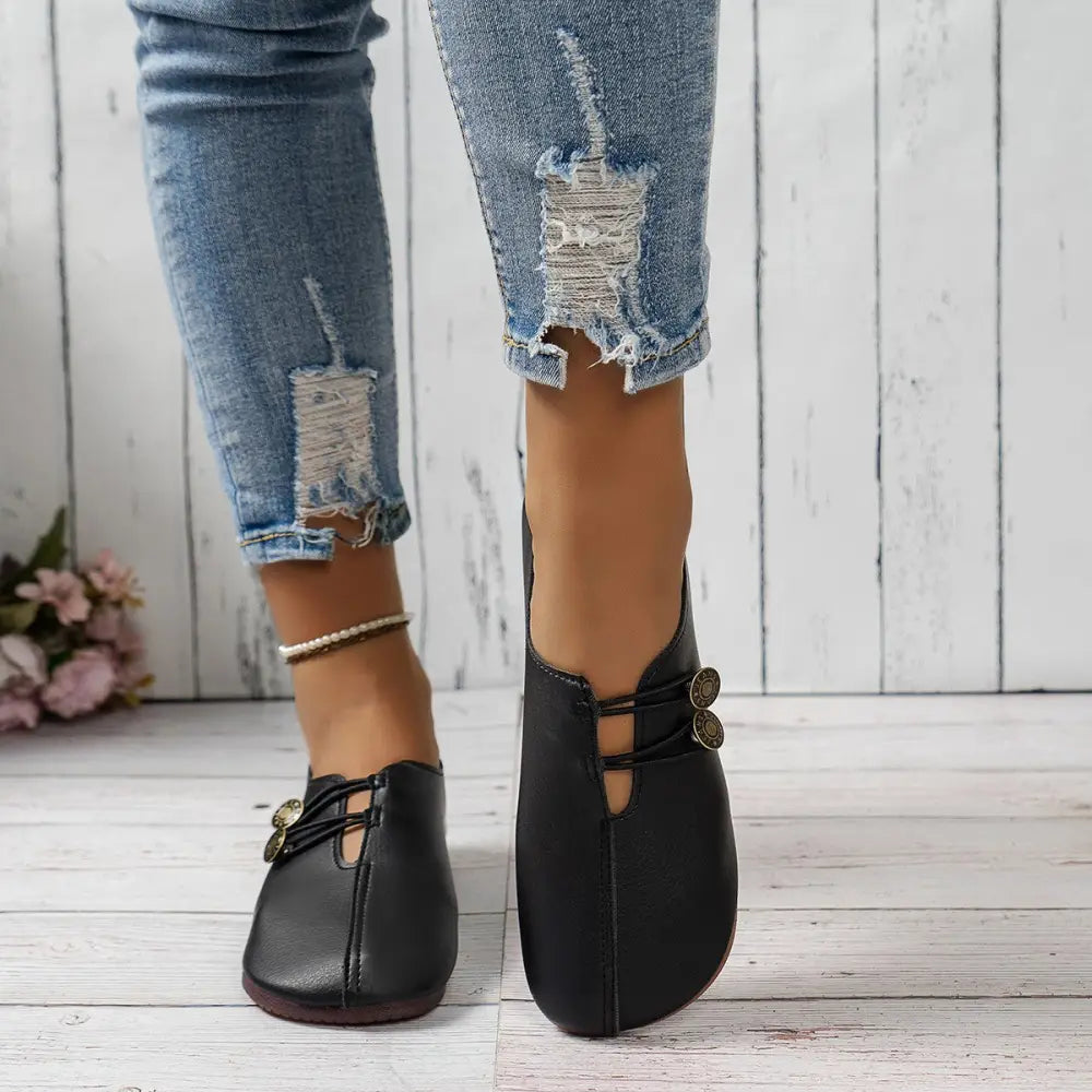 Women's Square Toe Leather Button Loafers