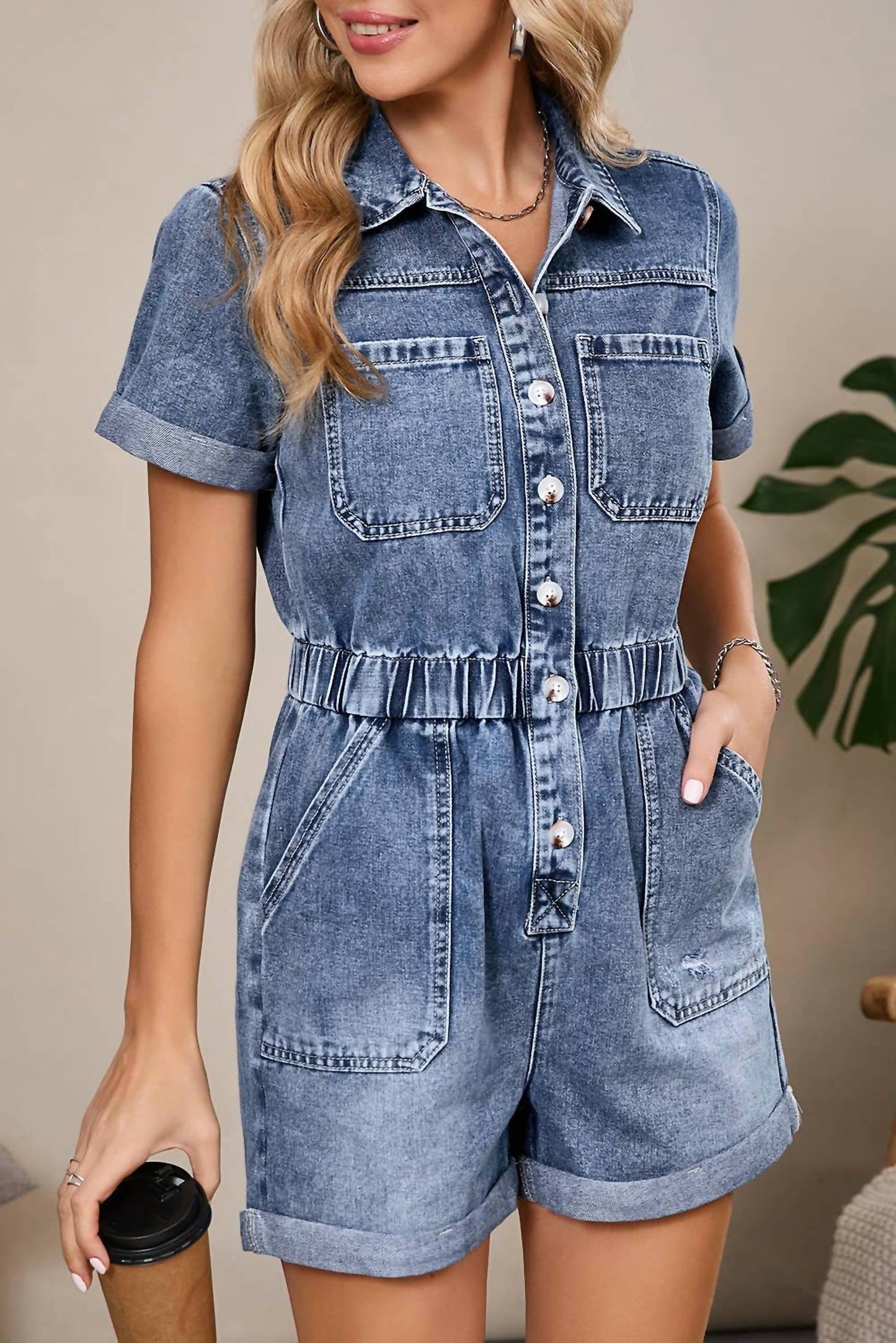 Aapparella - Short Sleeve Denim Button Front Romper