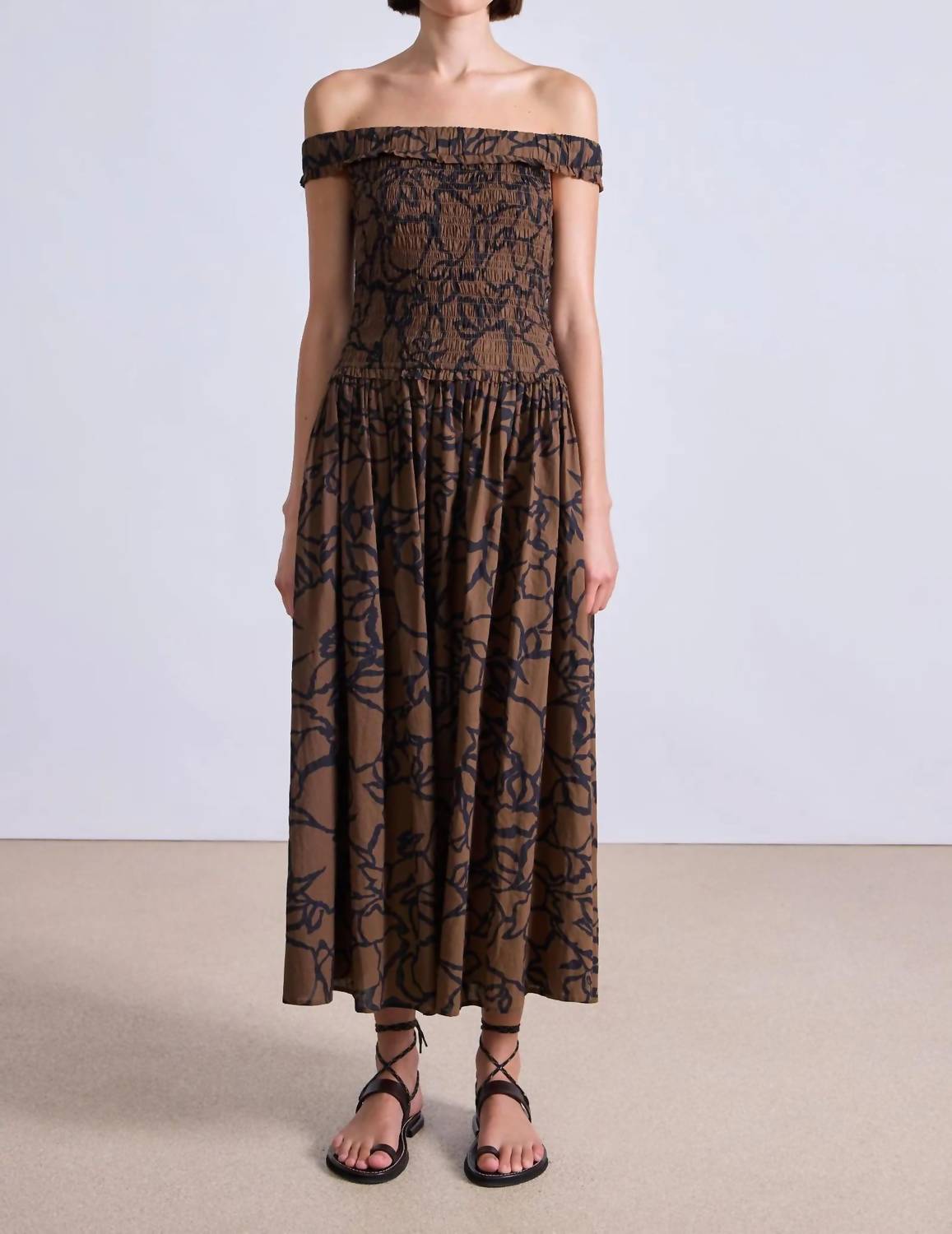 Apiece Apart - Lace Floral Chocolate Britt Off-shoulder Maxi