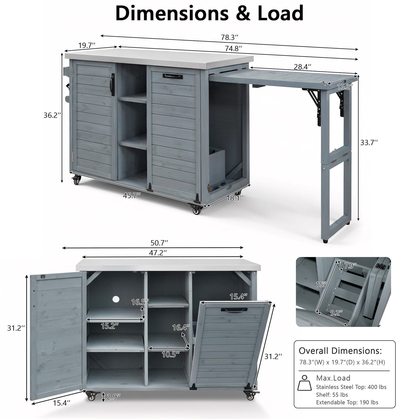 K&K 78.3' Outdoor Kitchen Island with Foldable Grill Table