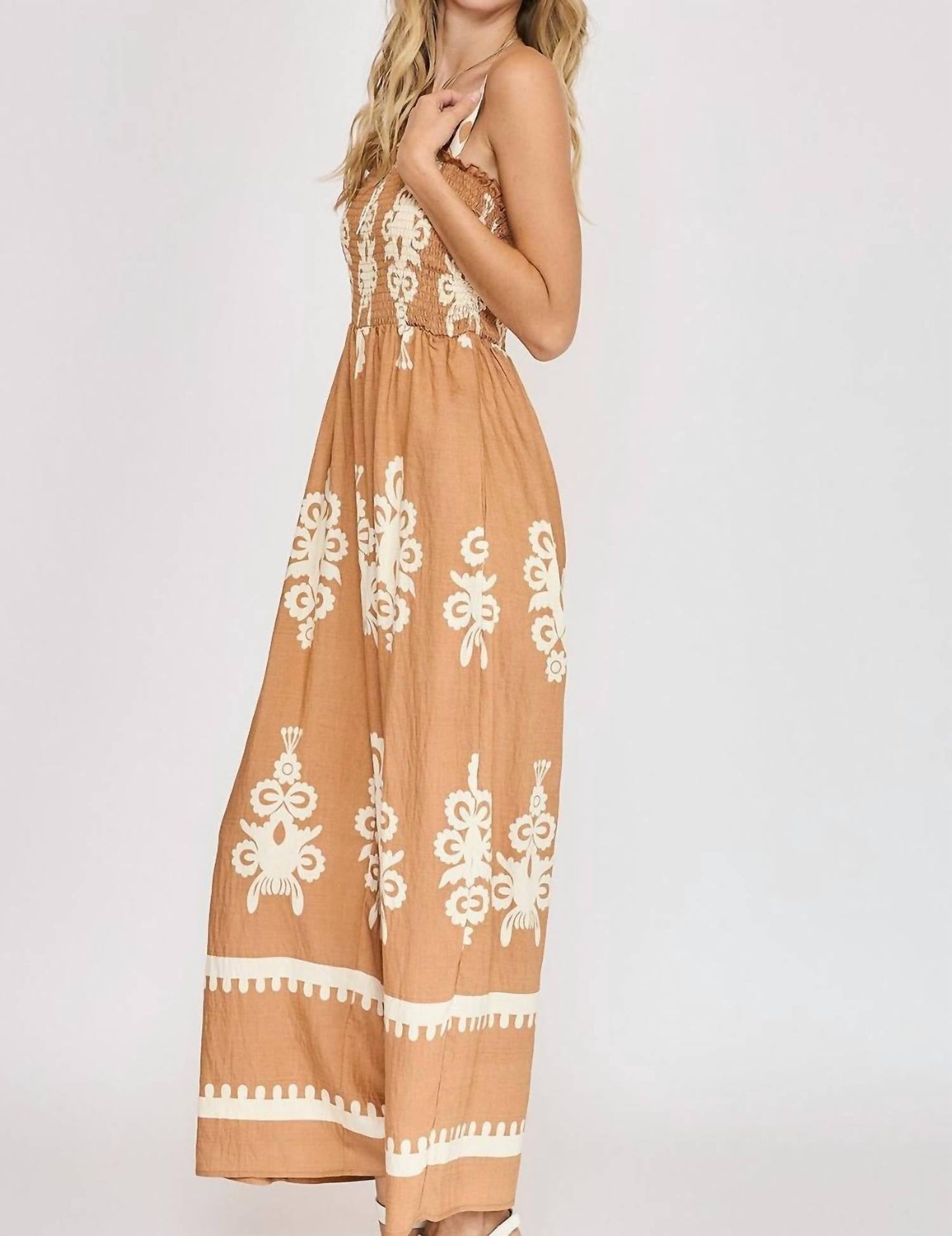 Trendsi - Umgee Full Size Smocked Printed Wide Leg Jumpsuit Plus Size