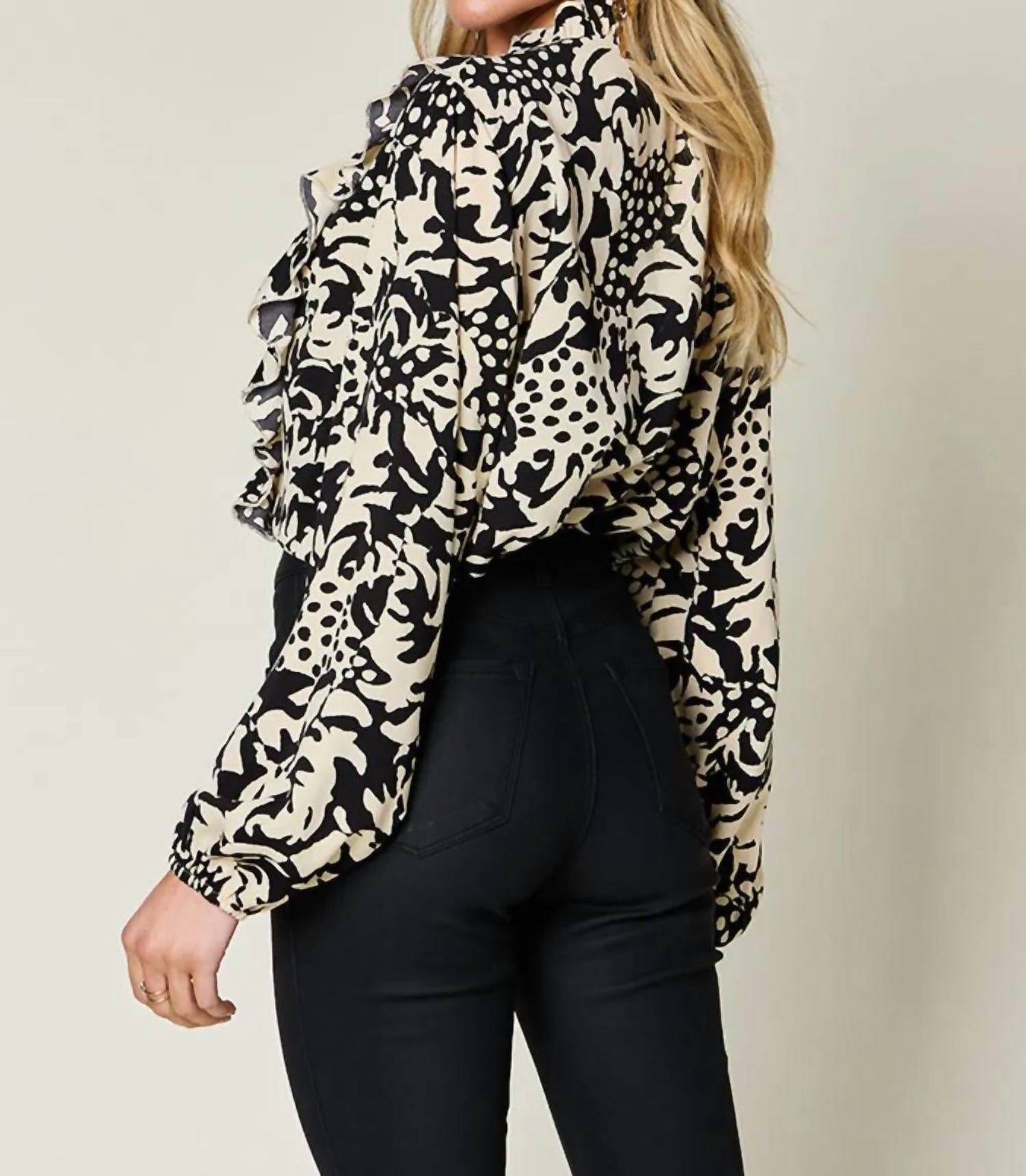Double Take - Full Size Printed Ruffle Trim Balloon Sleeve Shirt