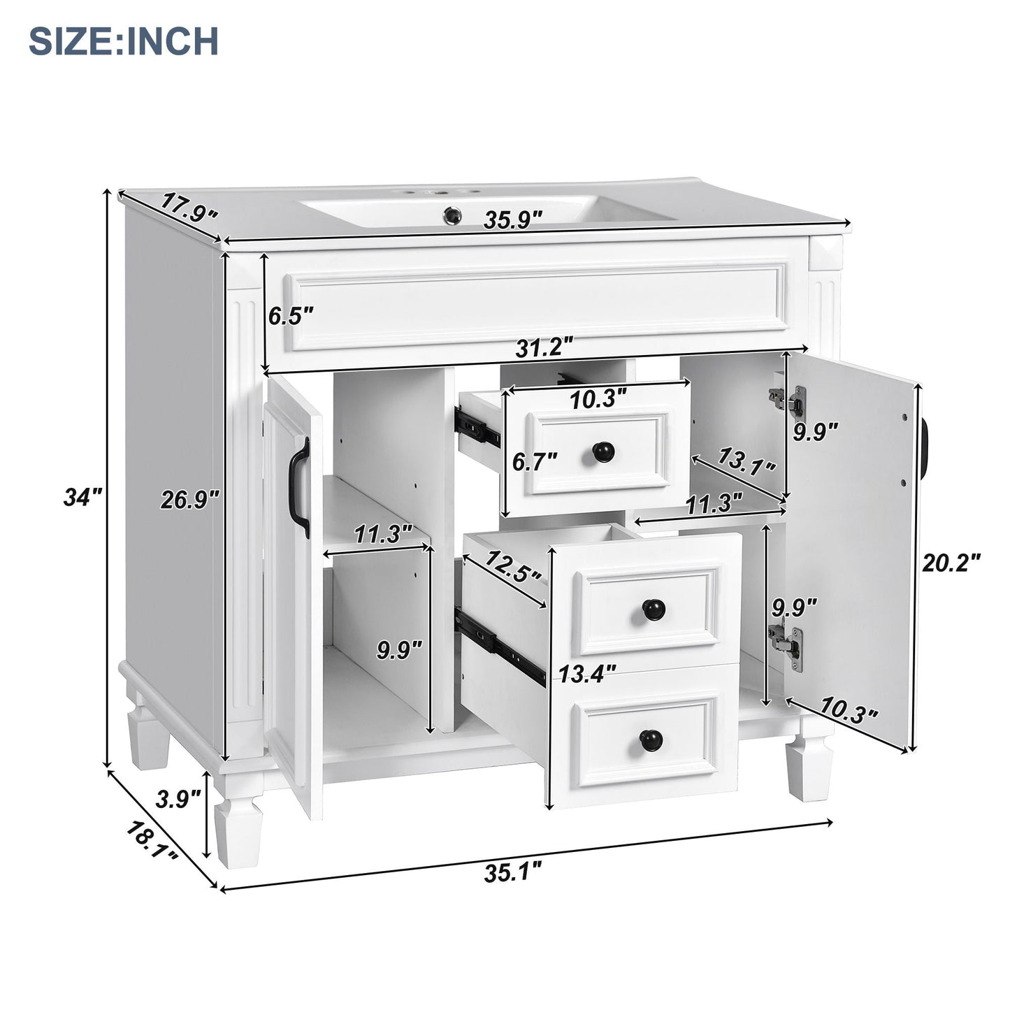 Bathroom Vanity With Top Sink, Mirror Cabinet, 2 Soft Closing Doors & 2 Drawers