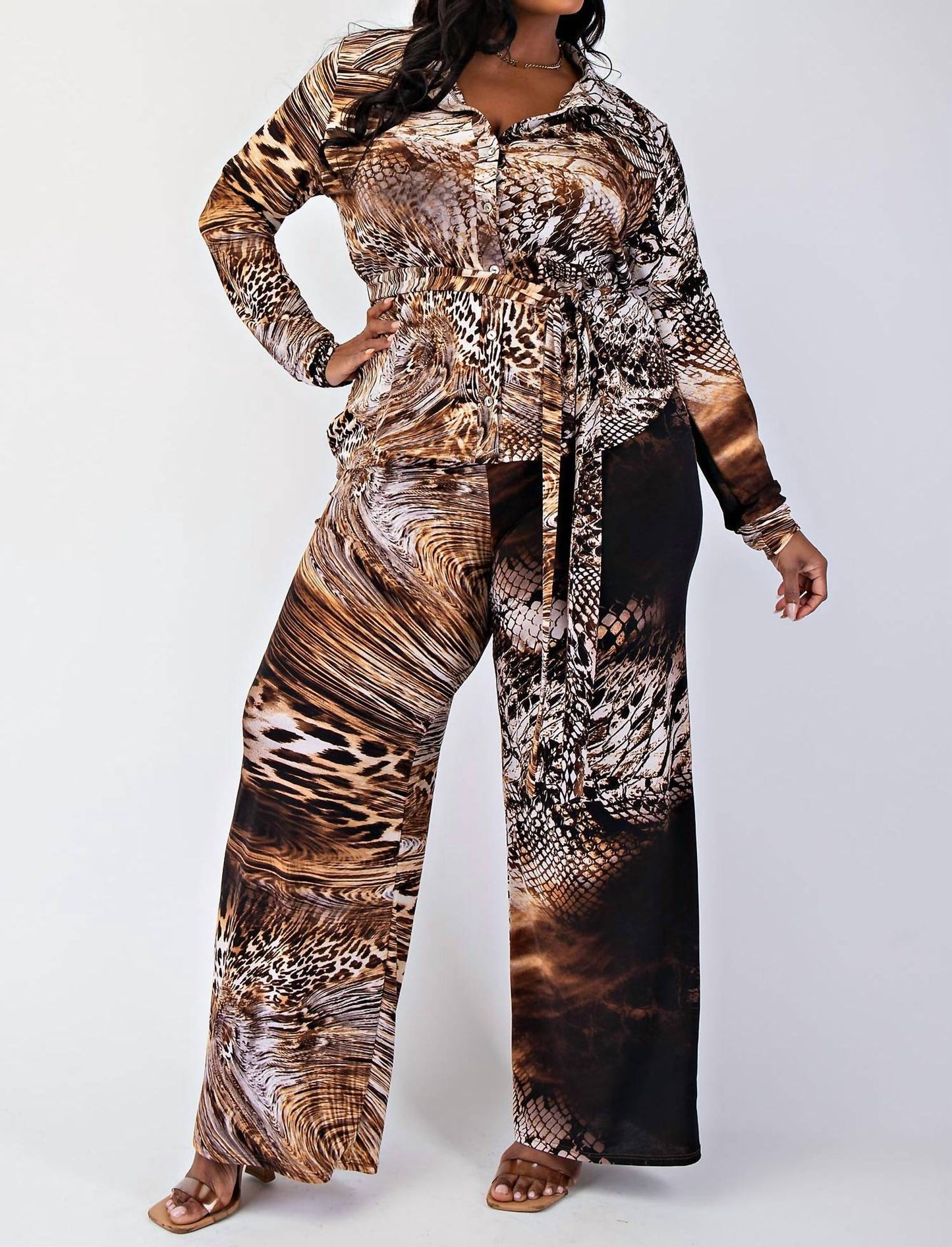 The Curve La - Plus Size Knit Long Sleeve Shirt Top And Wide Leg Pants Set