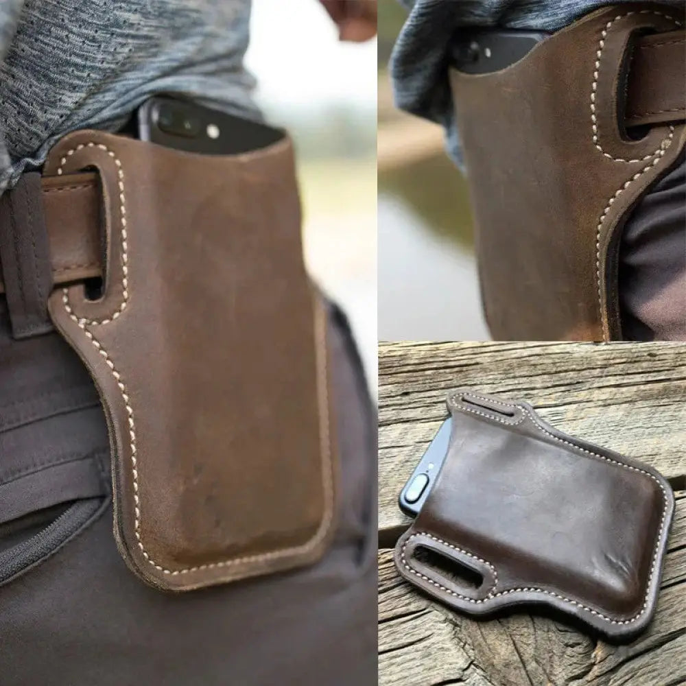 Brown Pu Leather Phone Holster with Belt Loop and Card Slots