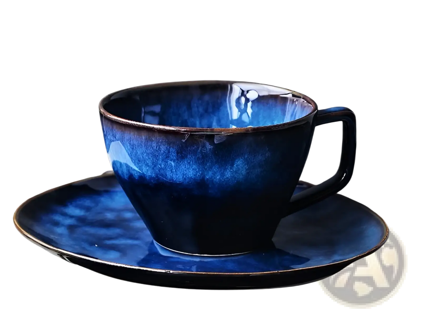 Ceramic Coffee Mug and Saucer Set in Deep Blue Glaze