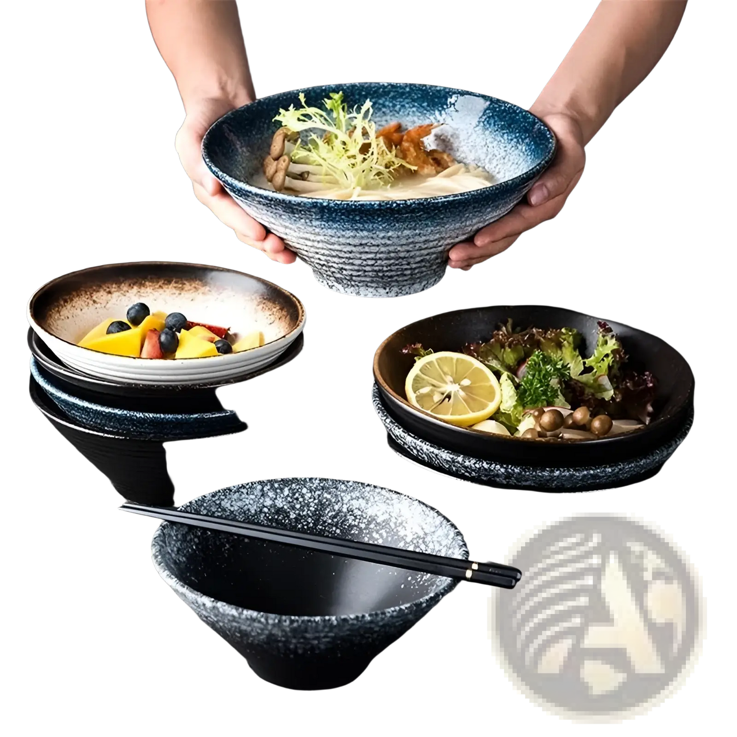 Ceramic Ramen Bowl Speckled Black Blue Kitchenware
