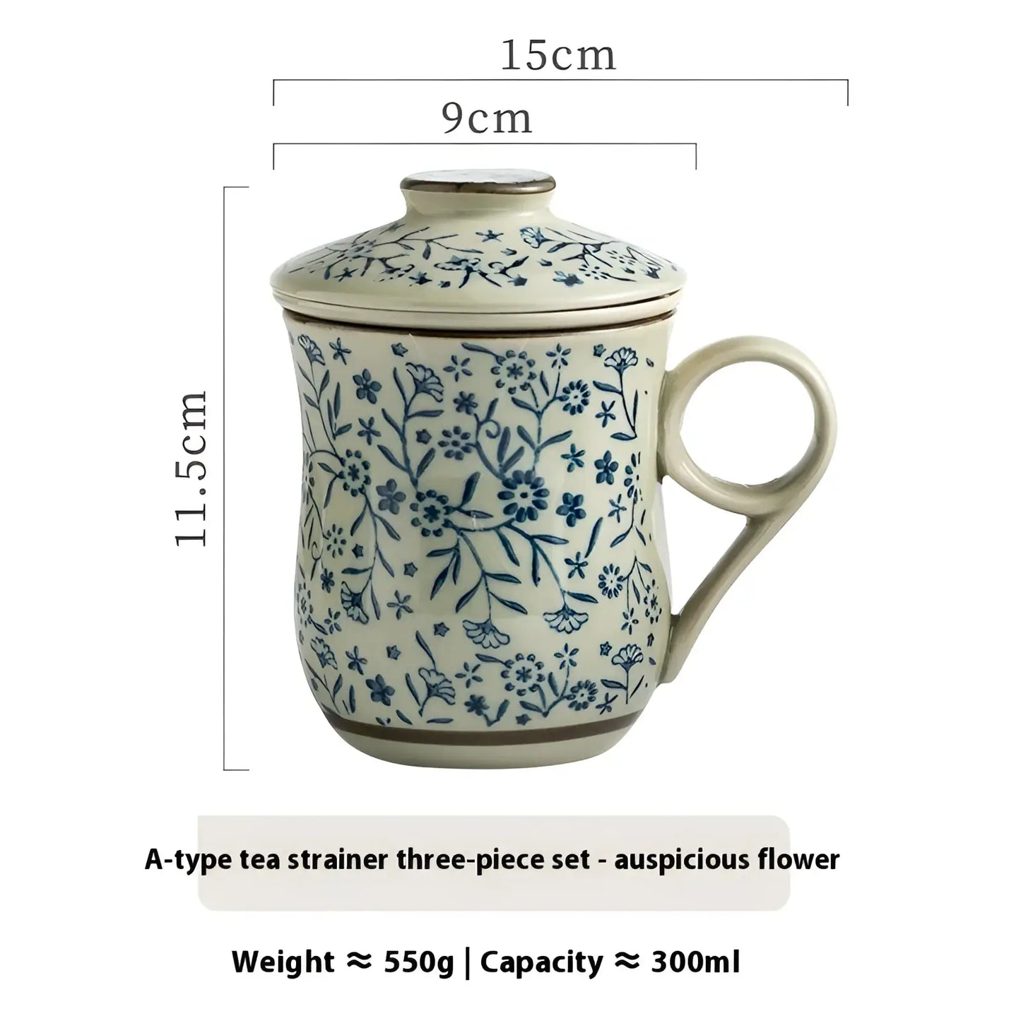 Ceramic Tea Mug with Infuser and Lid Floral 300ml