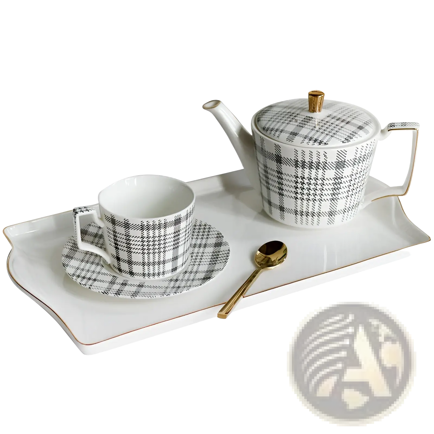 Ceramic Tea Set with Plaid Teapot and Gold Trim Tray