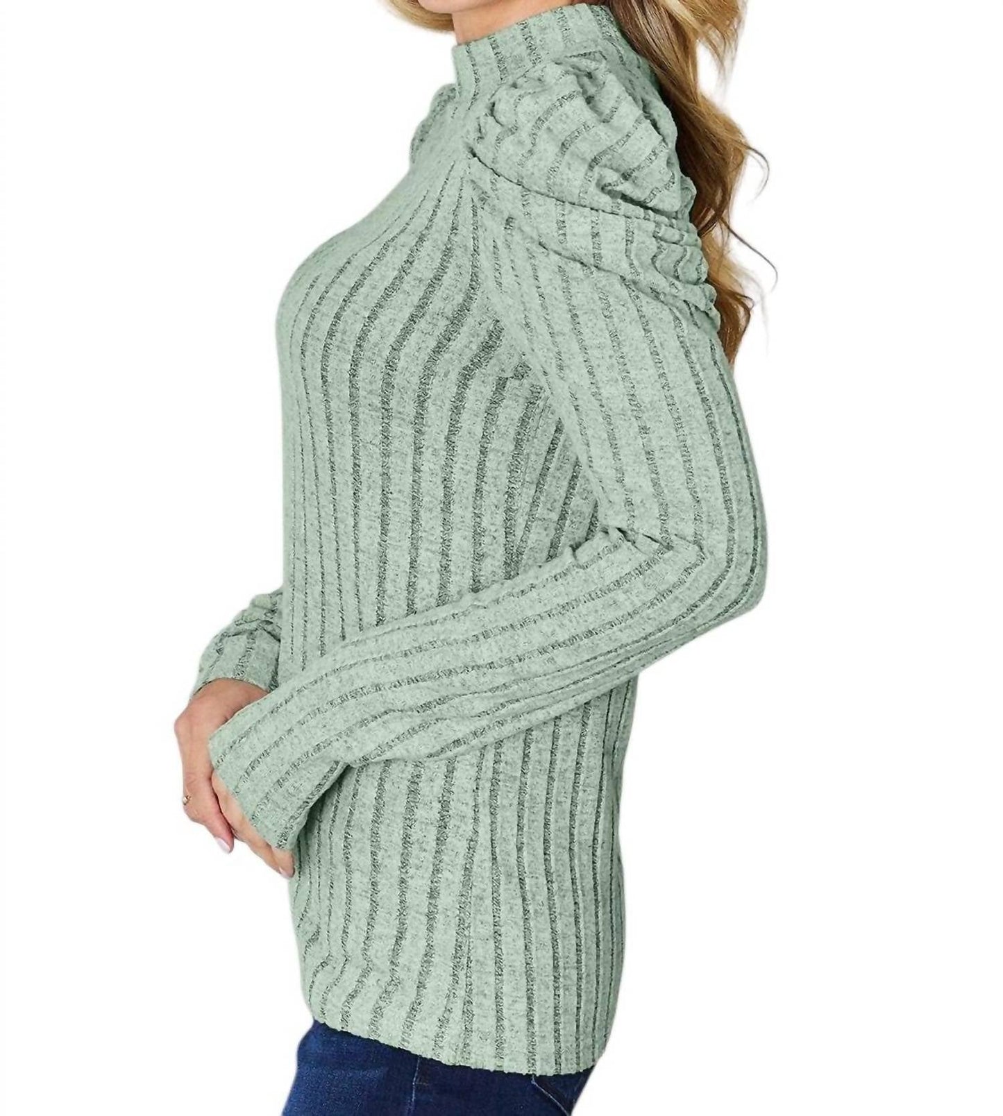 Basic Bae - Ribbed Mock Neck Top With Puff Sleeves