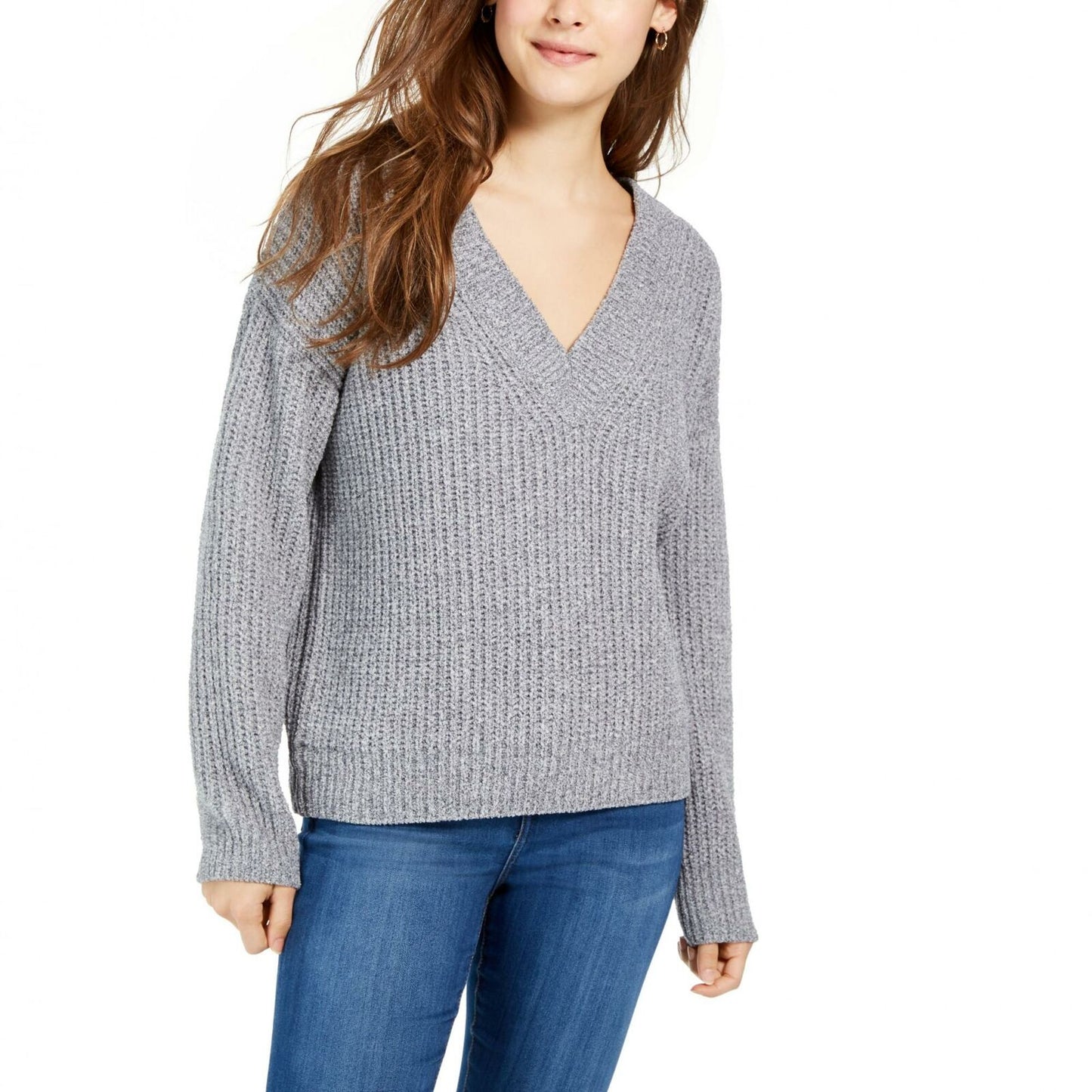 Hippie Rose Juniors' V-Neck Chenille Sweater Gray Size X-Small