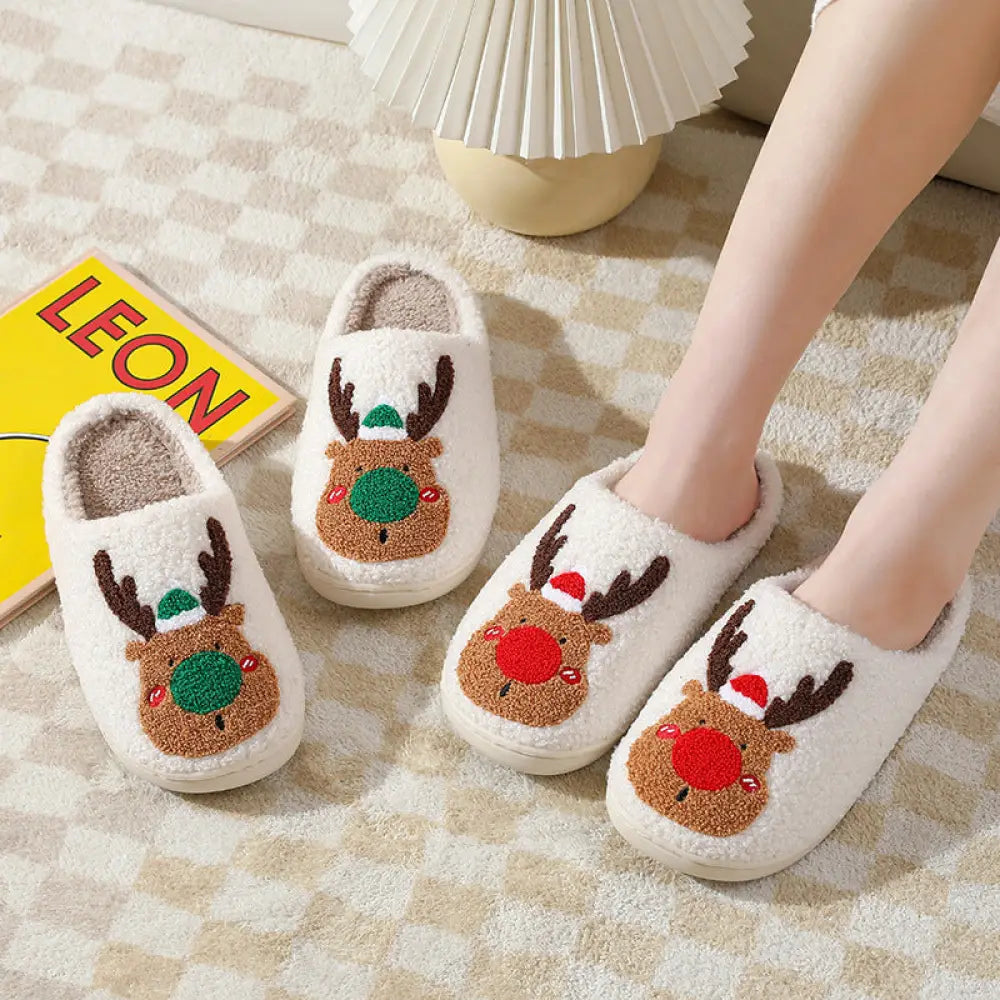 Reindeer Plush Christmas Slippers with Cozy Faux Fur