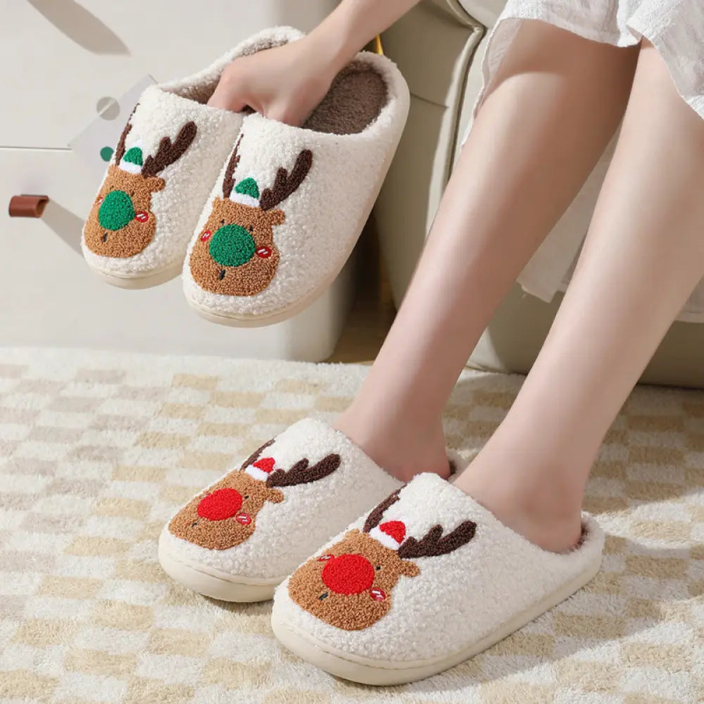 Reindeer Plush Christmas Slippers with Cozy Faux Fur