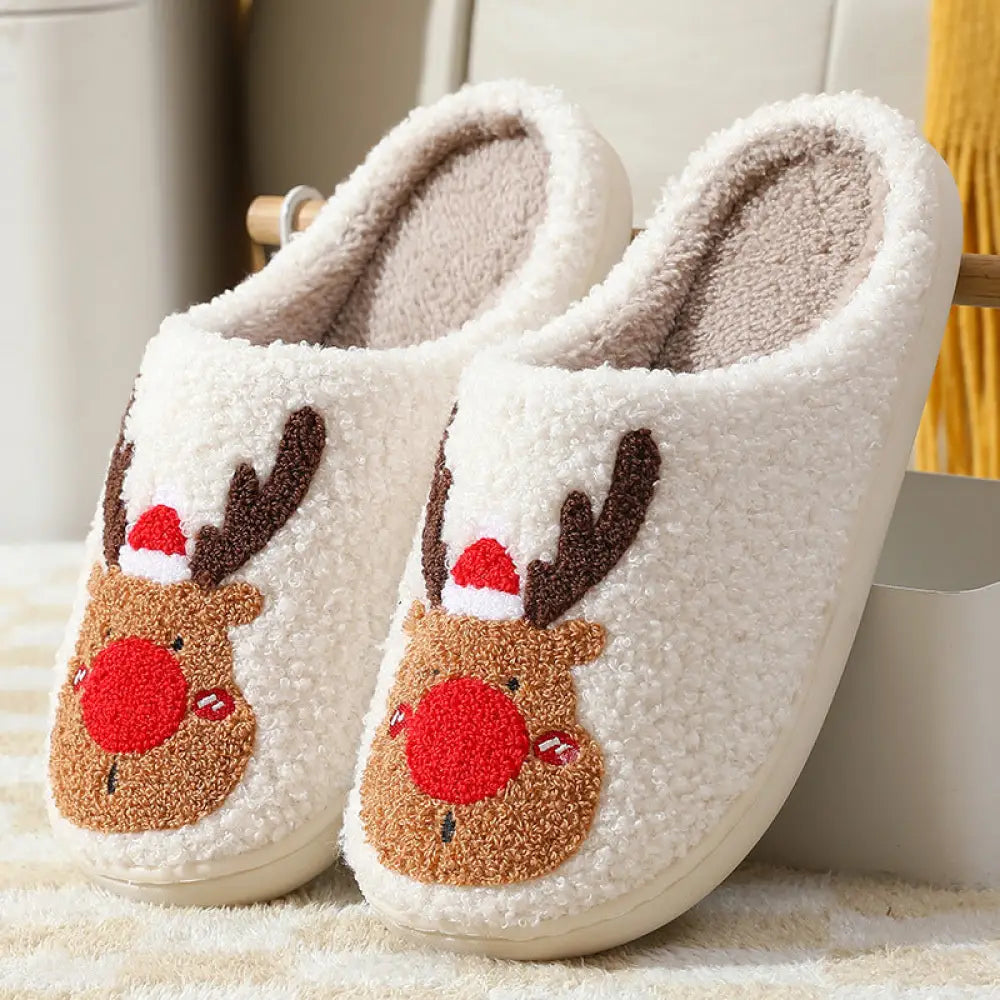 Reindeer Plush Christmas Slippers with Cozy Faux Fur