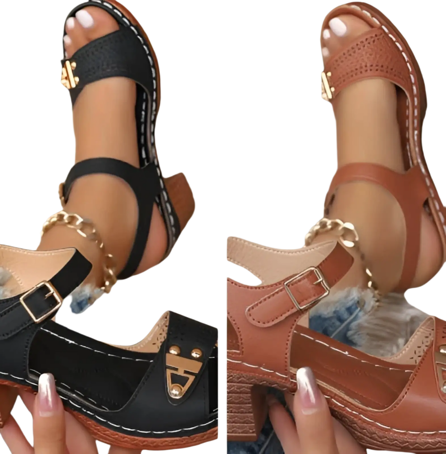 Chunky Heel Sandals with Buckle and Pigskin Lining