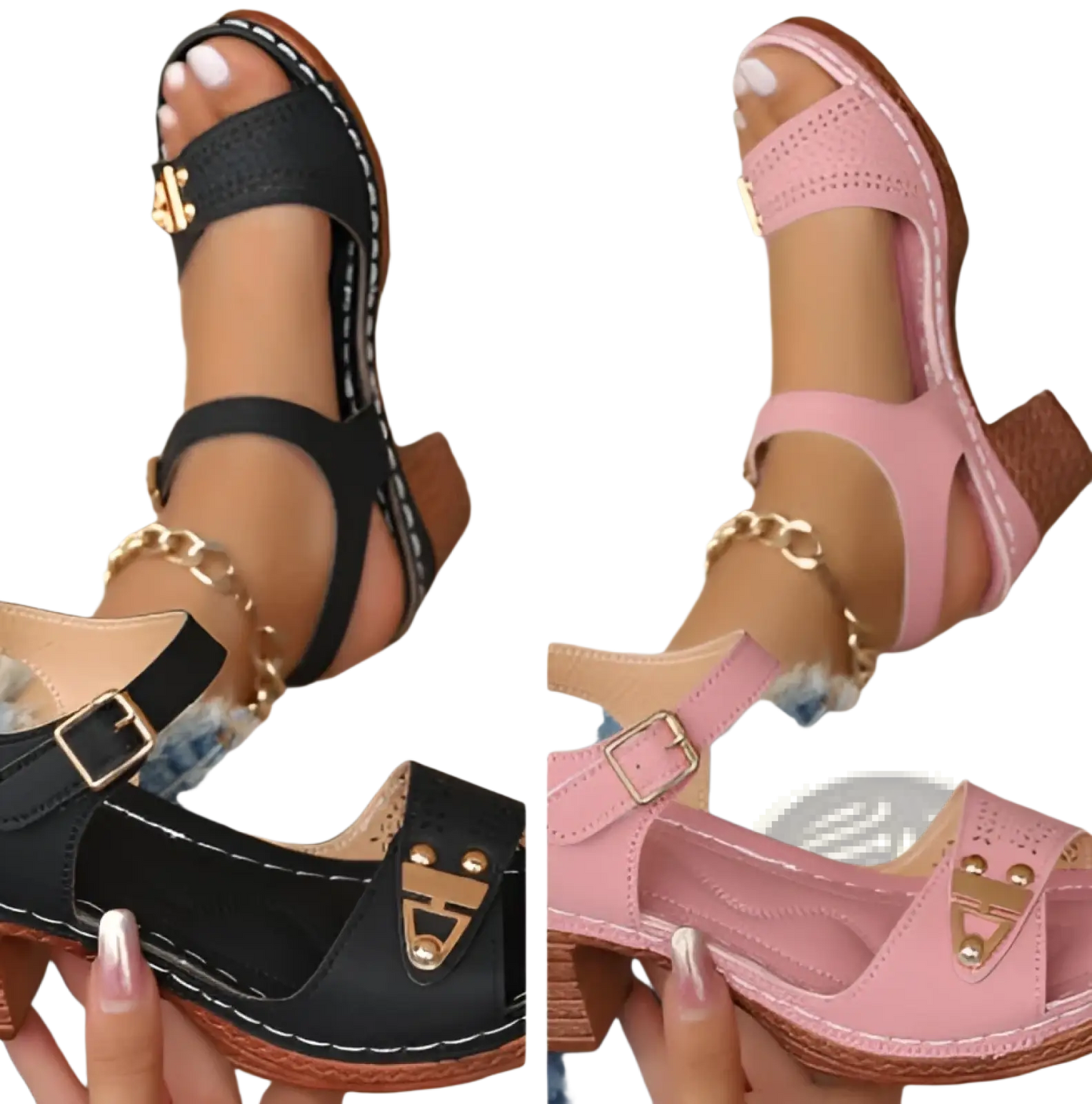 Chunky Heel Sandals with Buckle and Pigskin Lining