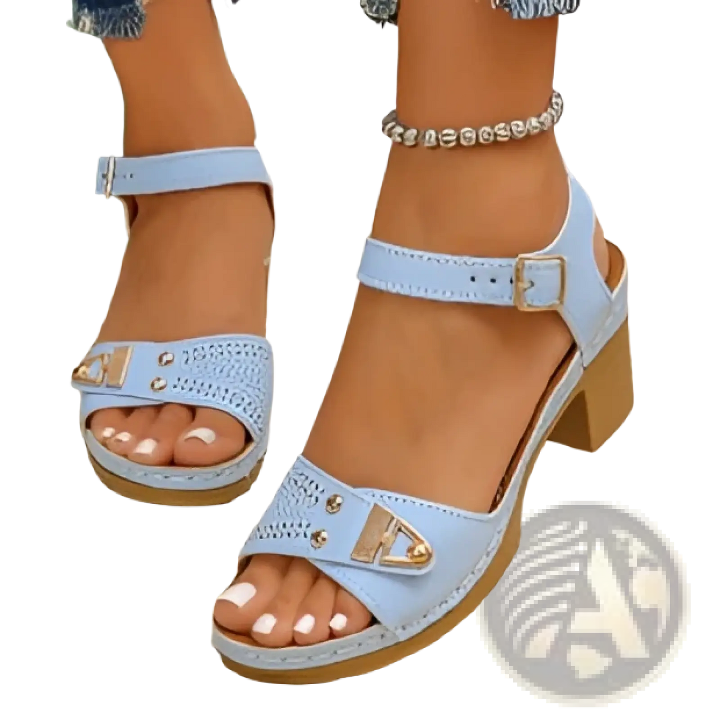 Chunky Heel Sandals with Buckle and Pigskin Lining
