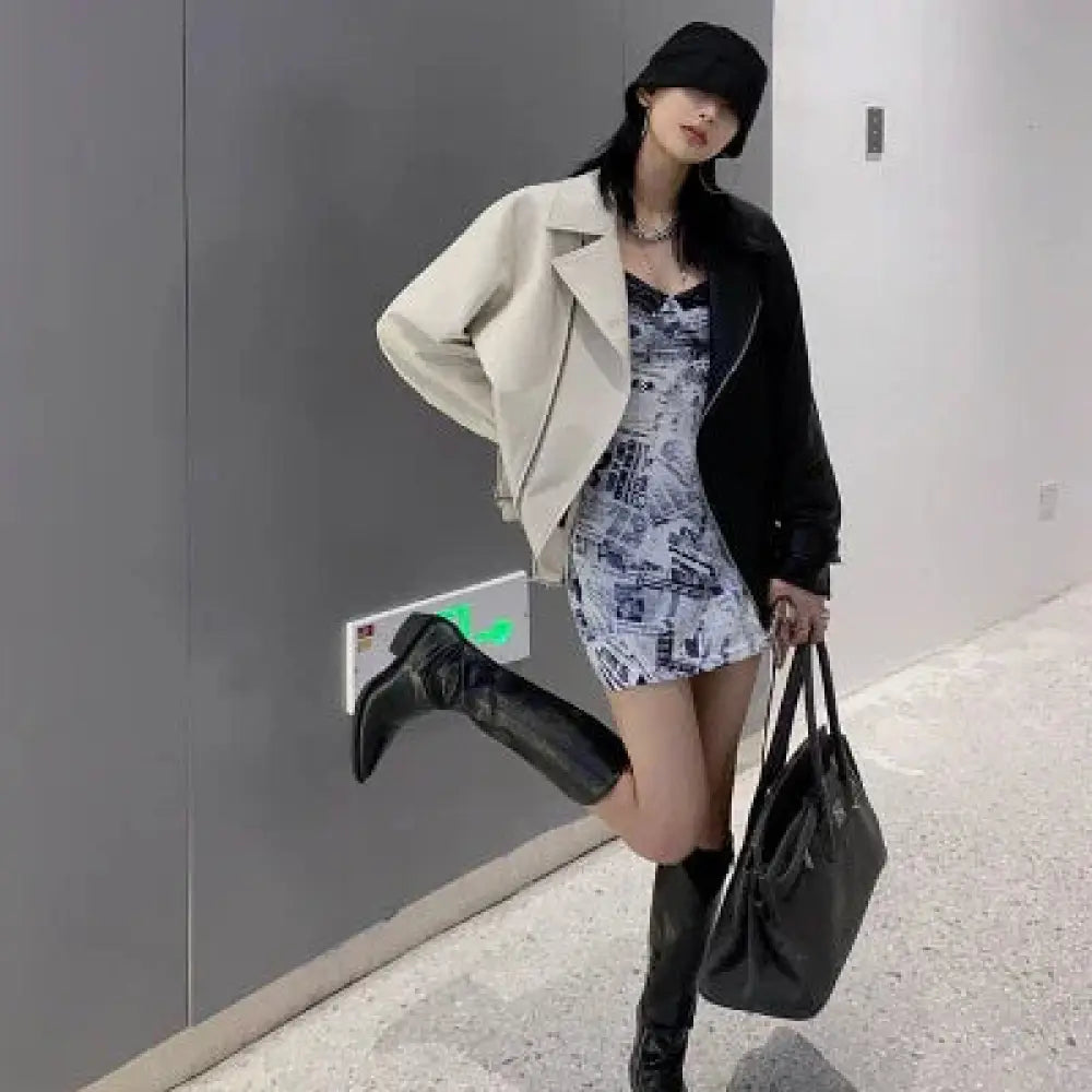Women's Colorblock Loose Fit Pu Leather Biker Jacket