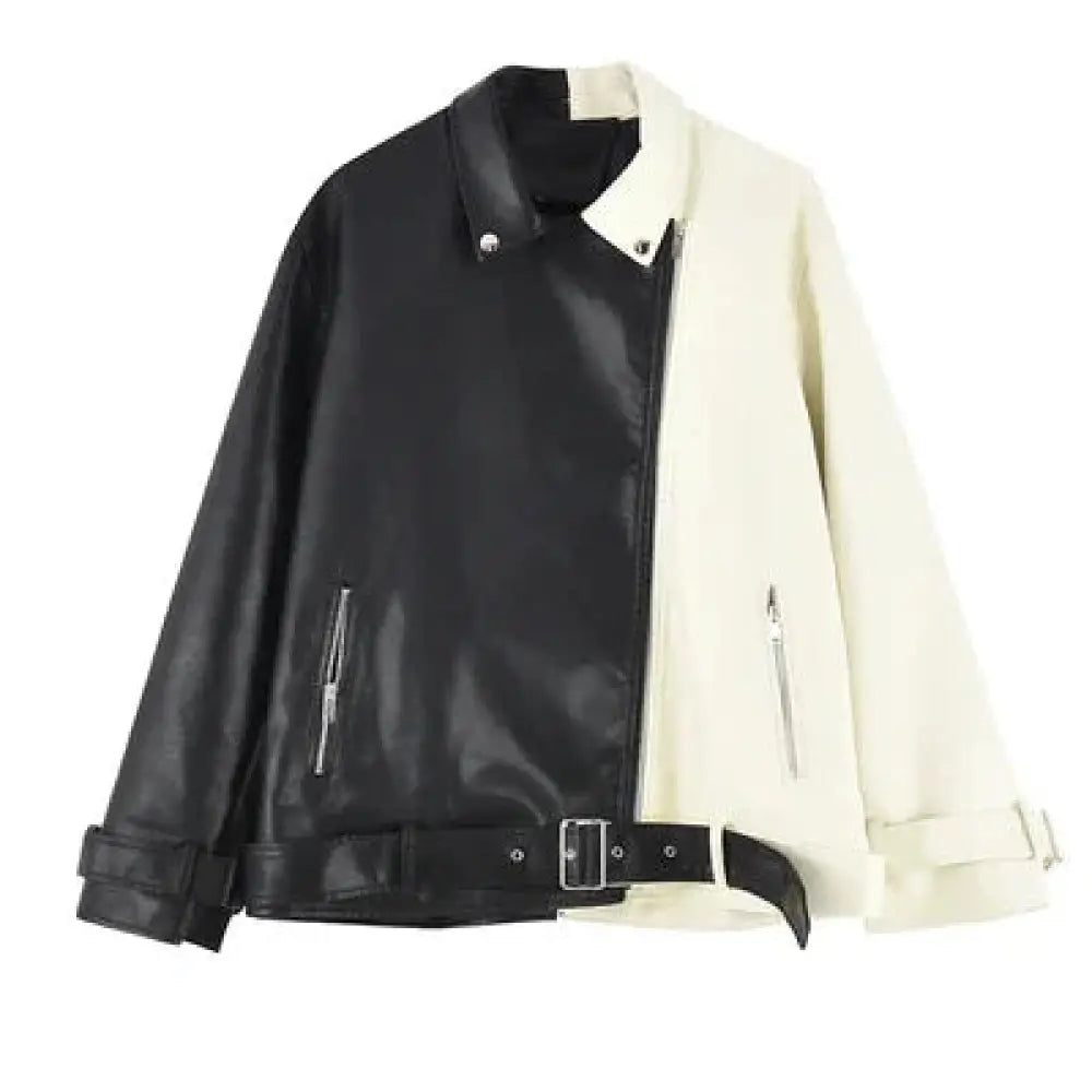 Women's Colorblock Loose Fit Pu Leather Biker Jacket
