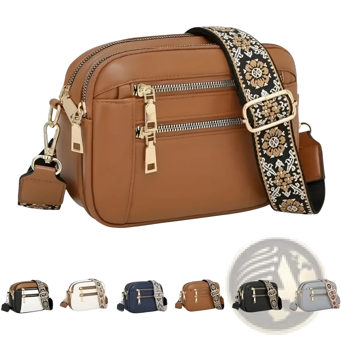 Colorblock Leather Crossbody Bag with Floral Strap