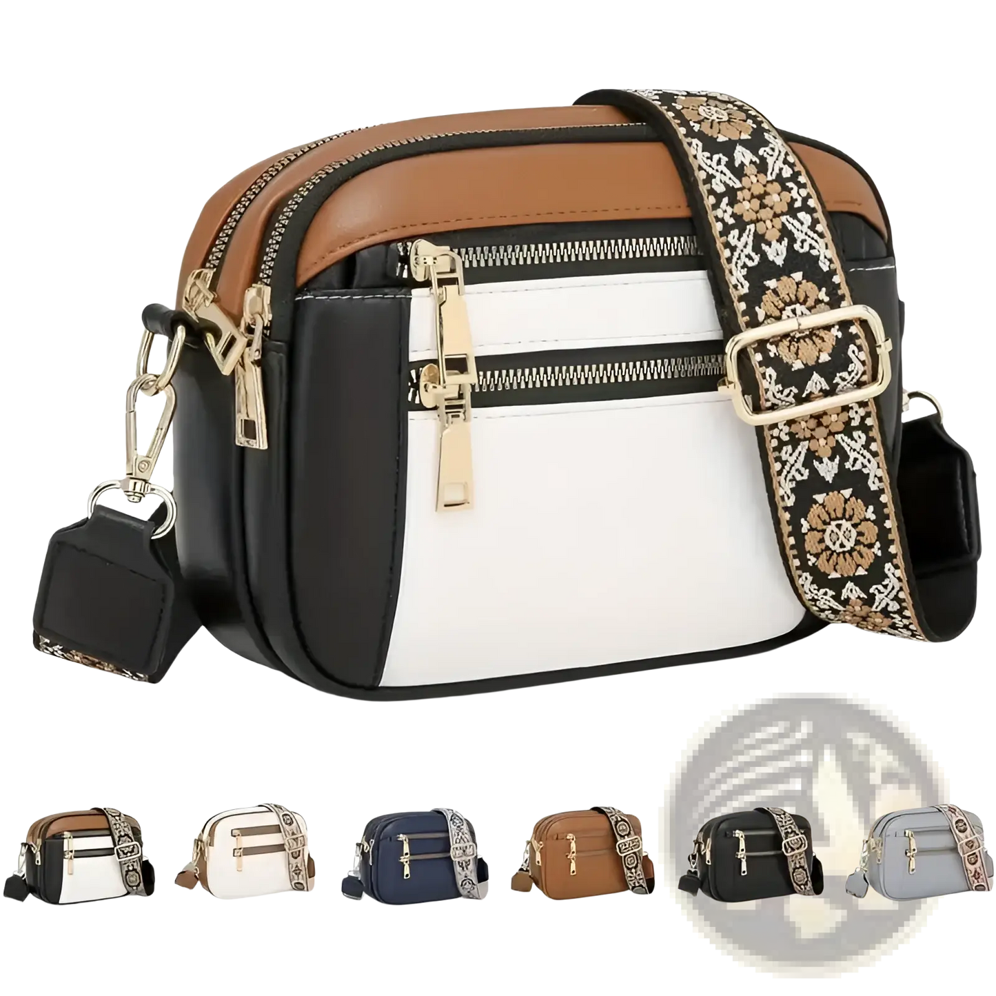 Colorblock Leather Crossbody Bag with Floral Strap