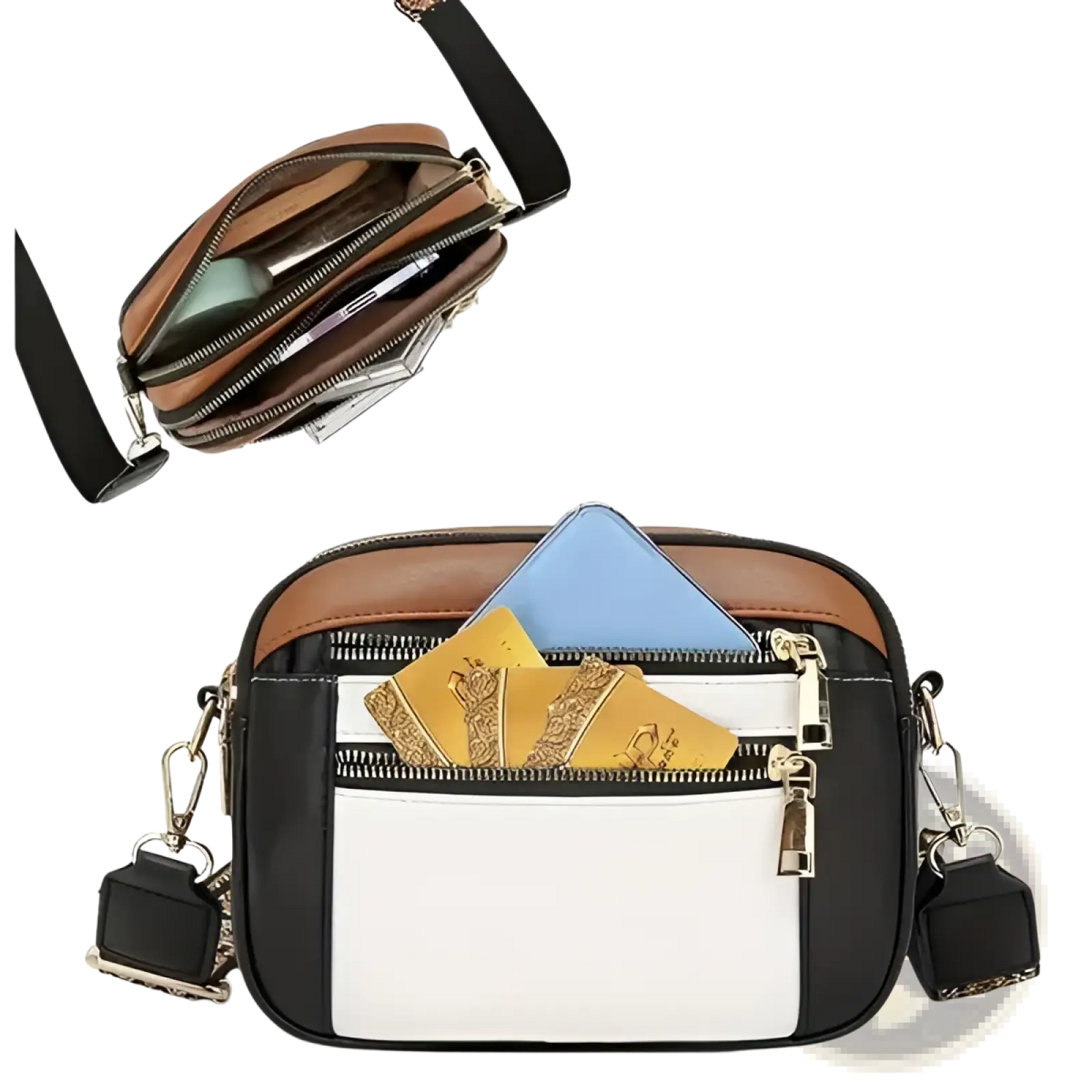 Colorblock Leather Crossbody Bag with Floral Strap