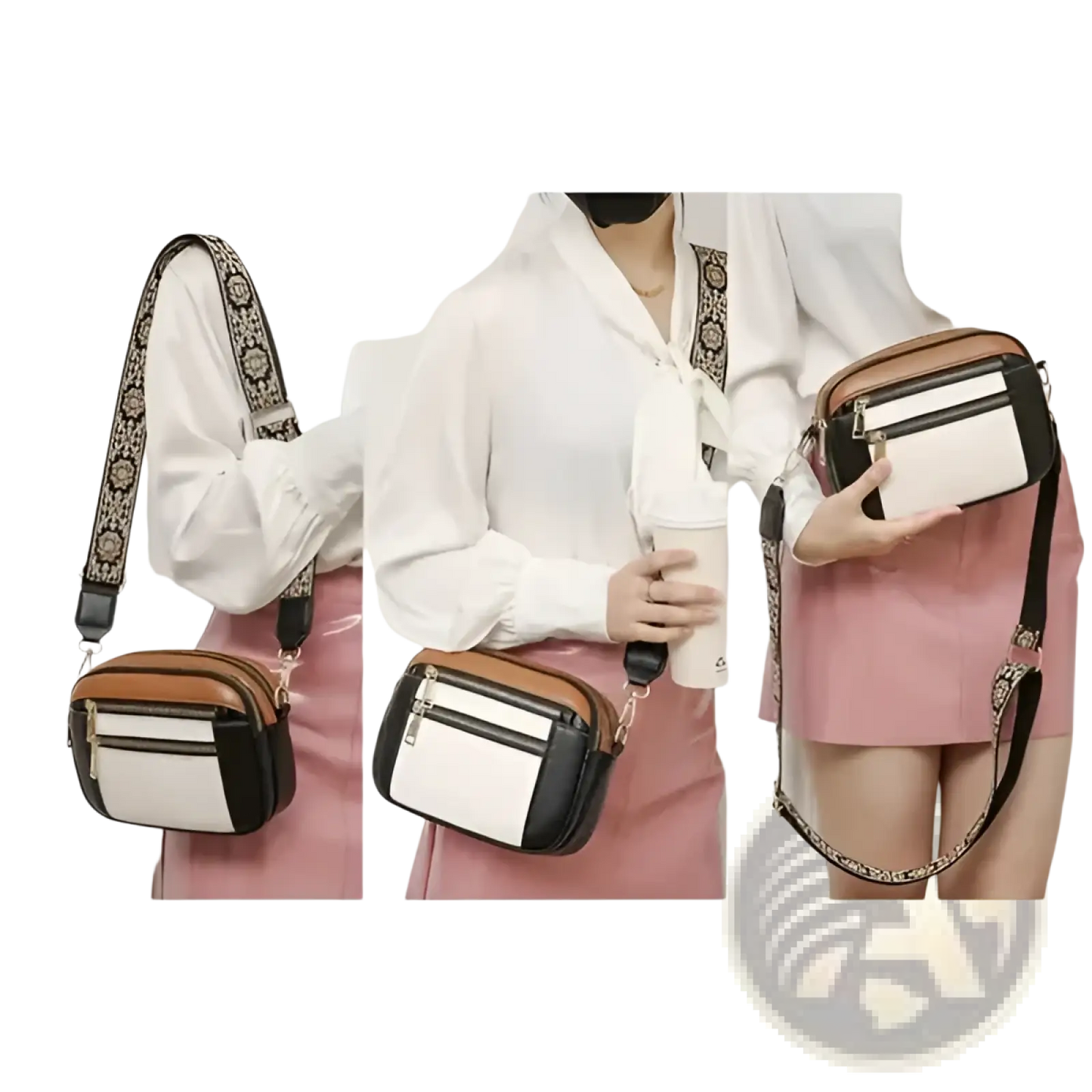 Colorblock Leather Crossbody Bag with Floral Strap