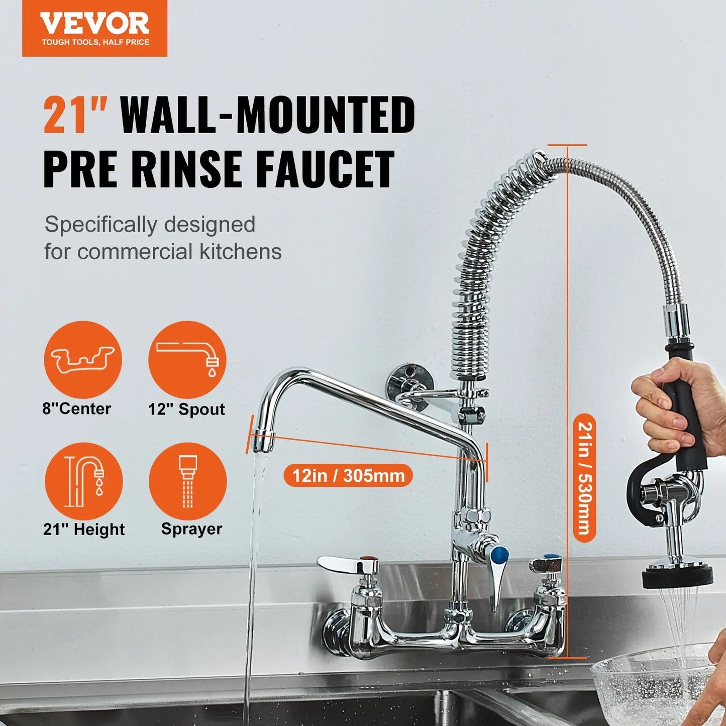 Commercial Faucet with Pre-rinse Sprayer and 12-inch Spout