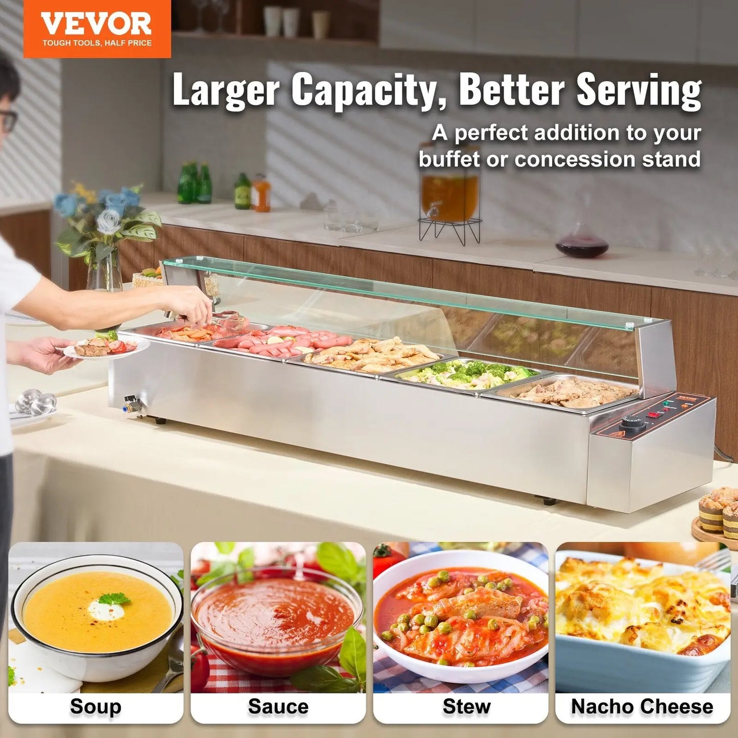 Commercial Food Warmer 5 Pan 40qt with Glass Shield