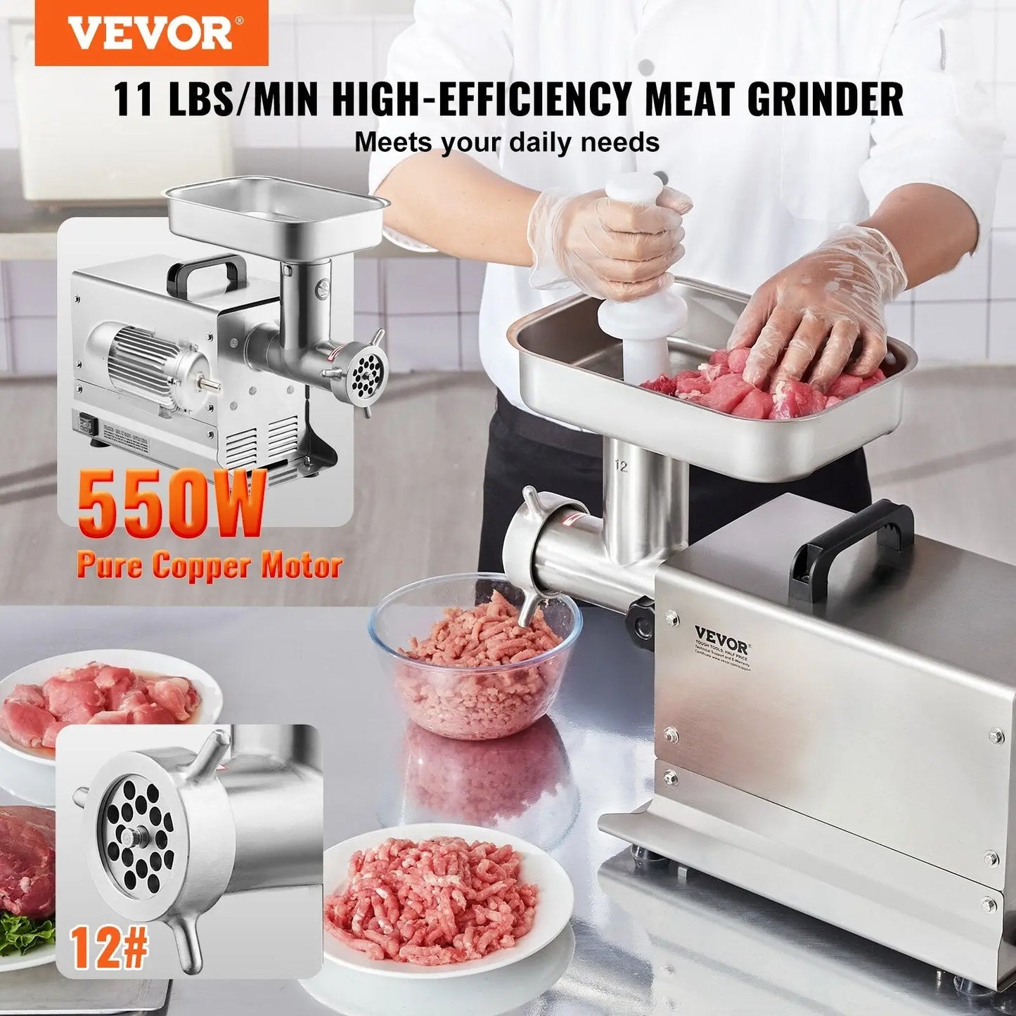 Commercial Meat Grinder 11 Lbs/min Stainless Steel 550w