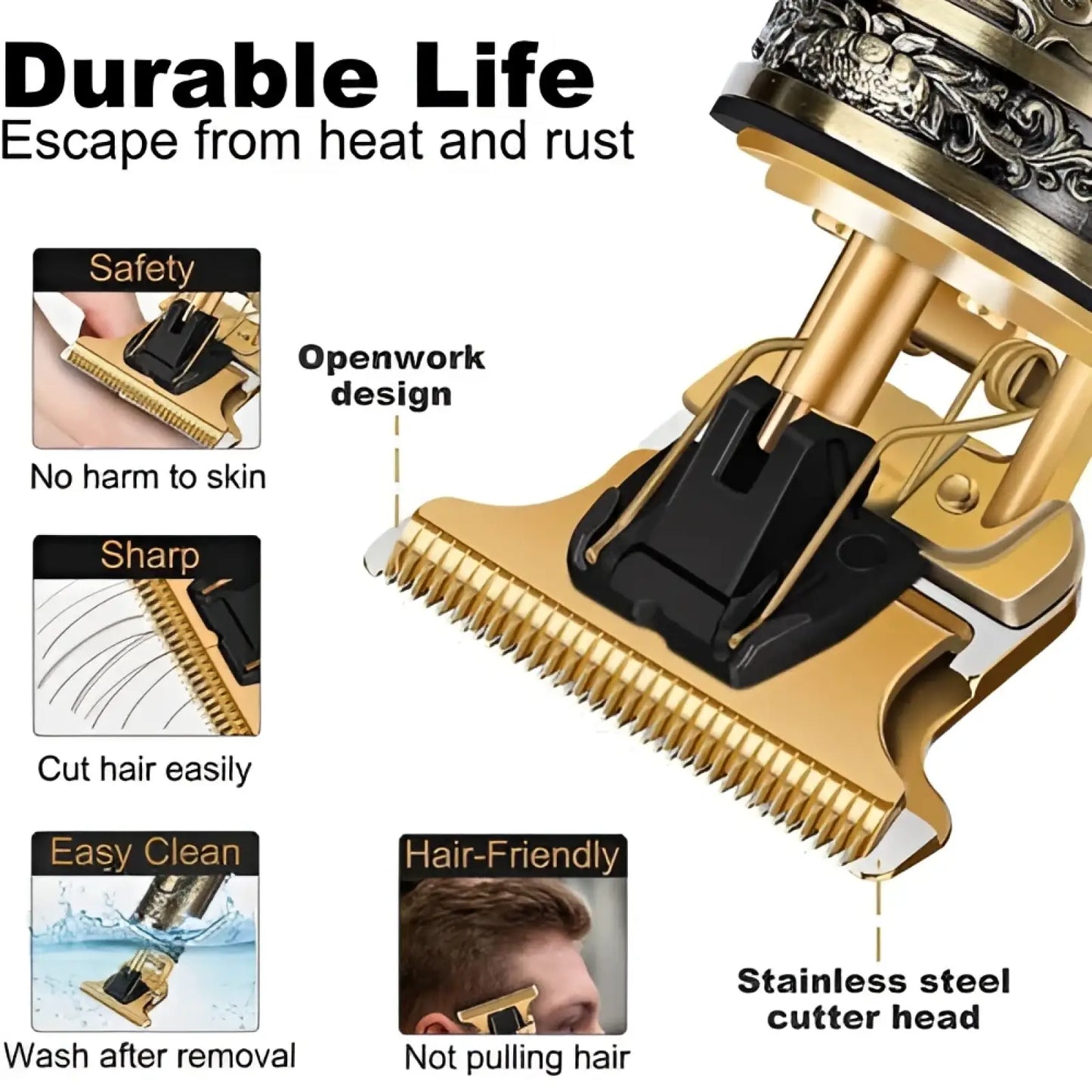 Cordless Hair Clippers Professional Gold Barber Trimmer